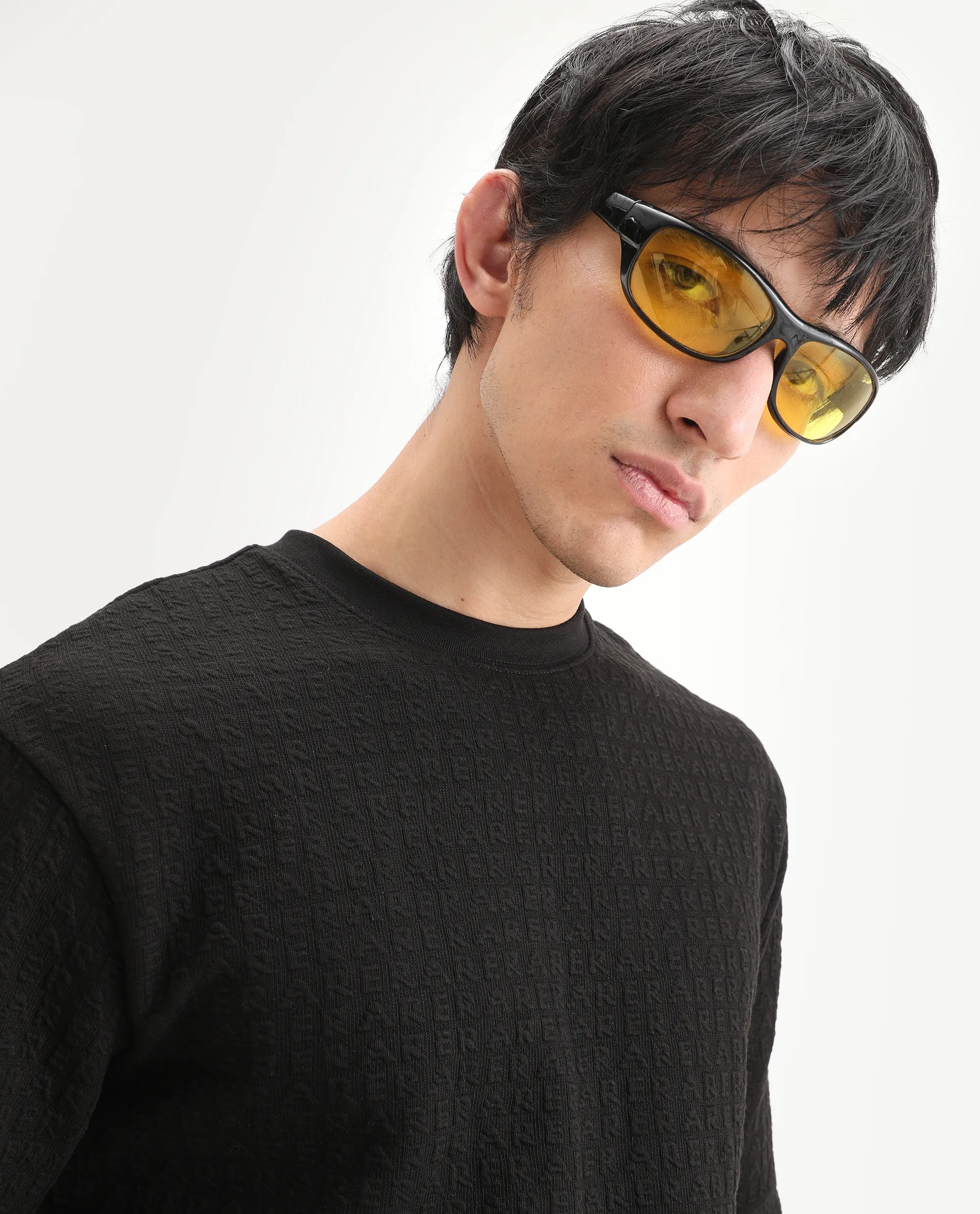 Rare Rabbit Men's Jas-2 Black Polyester Blend Fabric Half Sleeve Crew Neck Oversized Jacquard T-Shirt - Image 7
