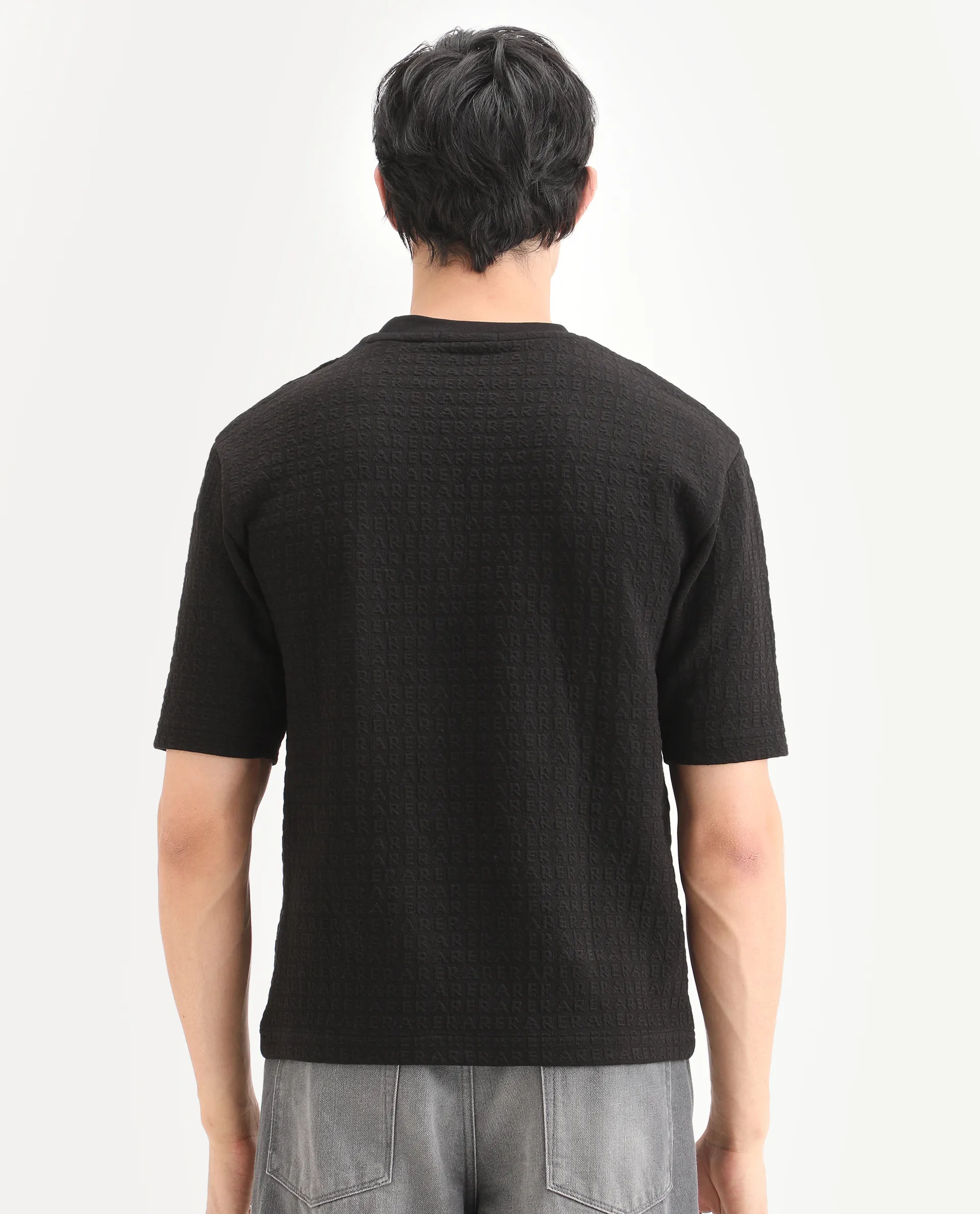 Rare Rabbit Men's Jas-2 Black Polyester Blend Fabric Half Sleeve Crew Neck Oversized Jacquard T-Shirt - Image 8