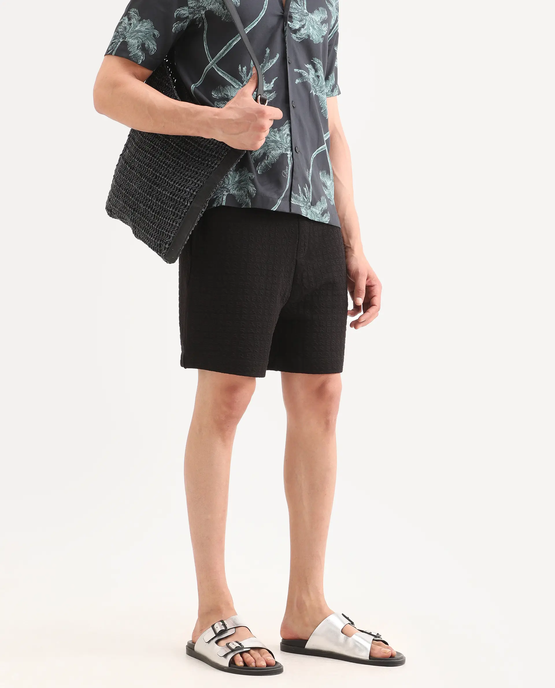 Rare Rabbit Men's Jas-2-Sh Black Polyester Blend Fabric Oversize Fit Jacquard Shorts - Image 2