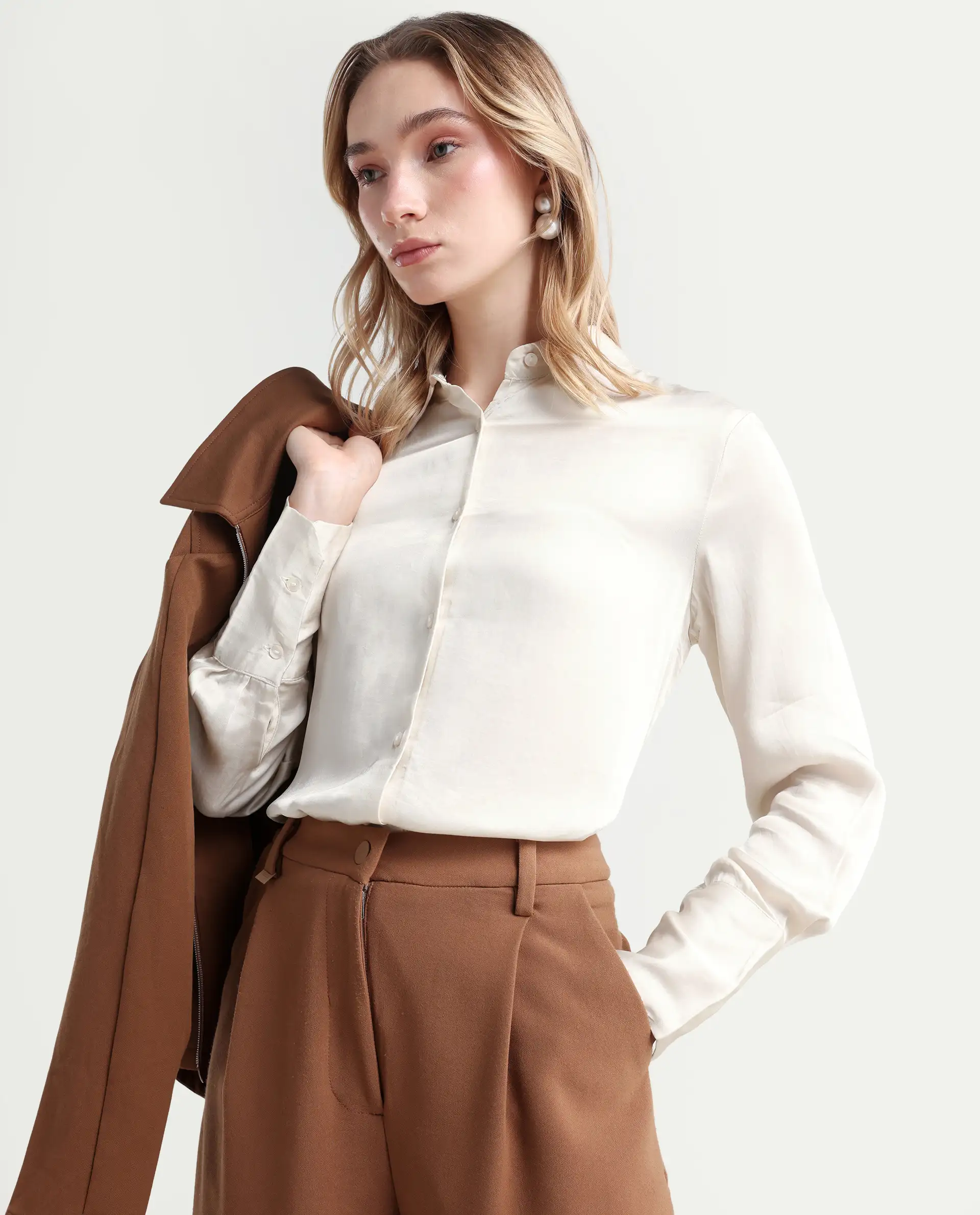Rareism Women's Jaux Beige Satin Collared Plain Cuffed Sleeve Regular Fit Shirt
