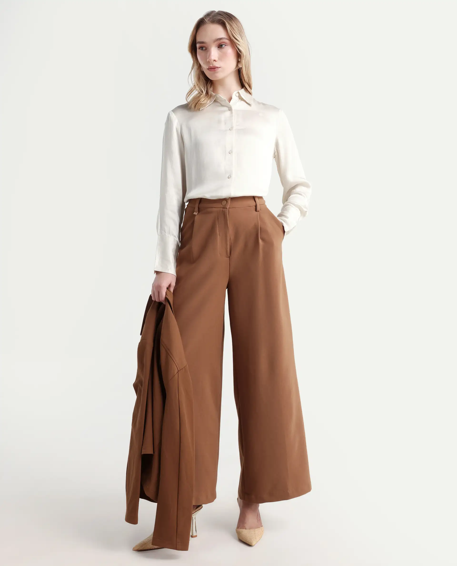 Rareism Women's Jaux Beige Satin Collared Plain Cuffed Sleeve Regular Fit Shirt - Image 2