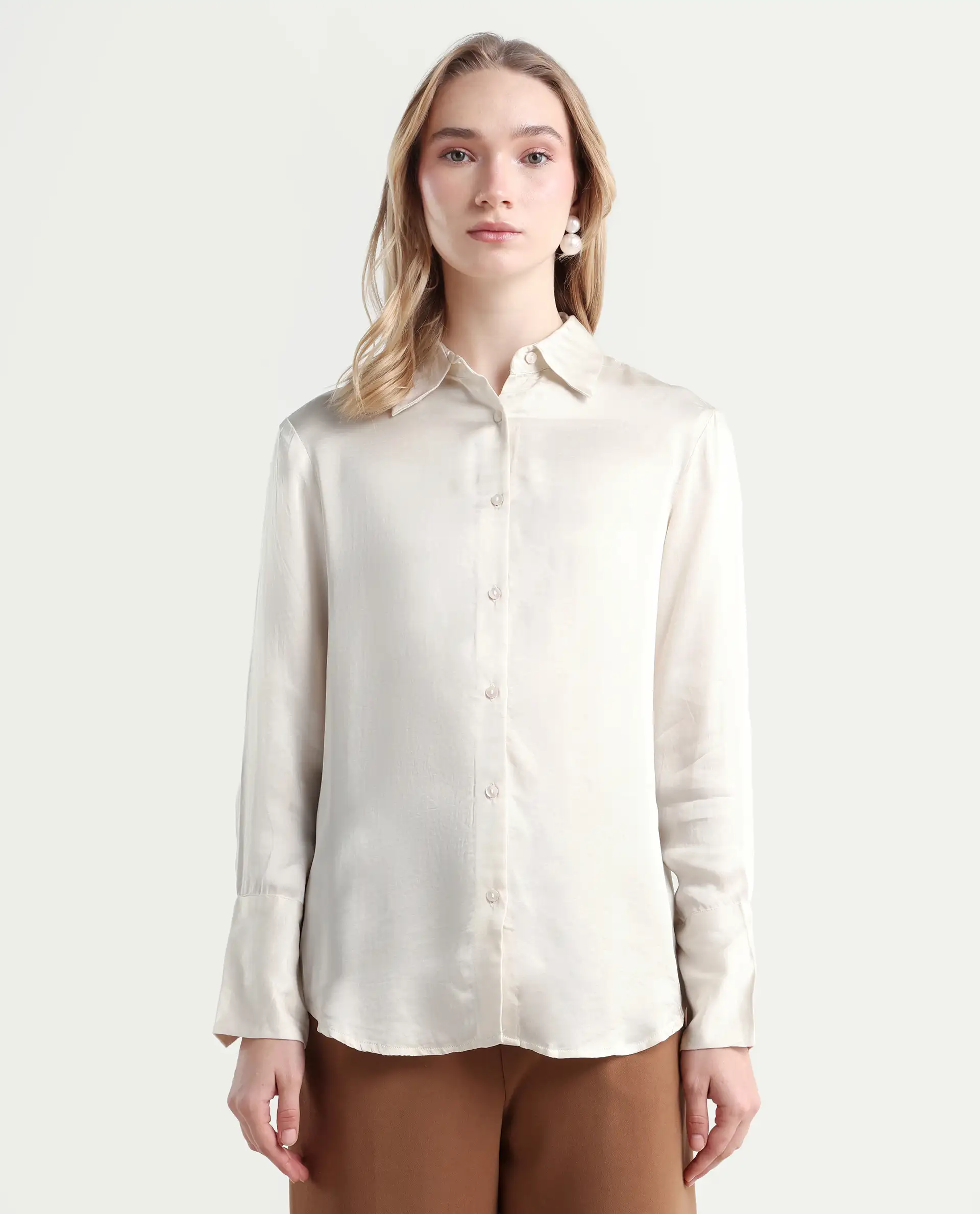 Rareism Women's Jaux Beige Satin Collared Plain Cuffed Sleeve Regular Fit Shirt - Image 3