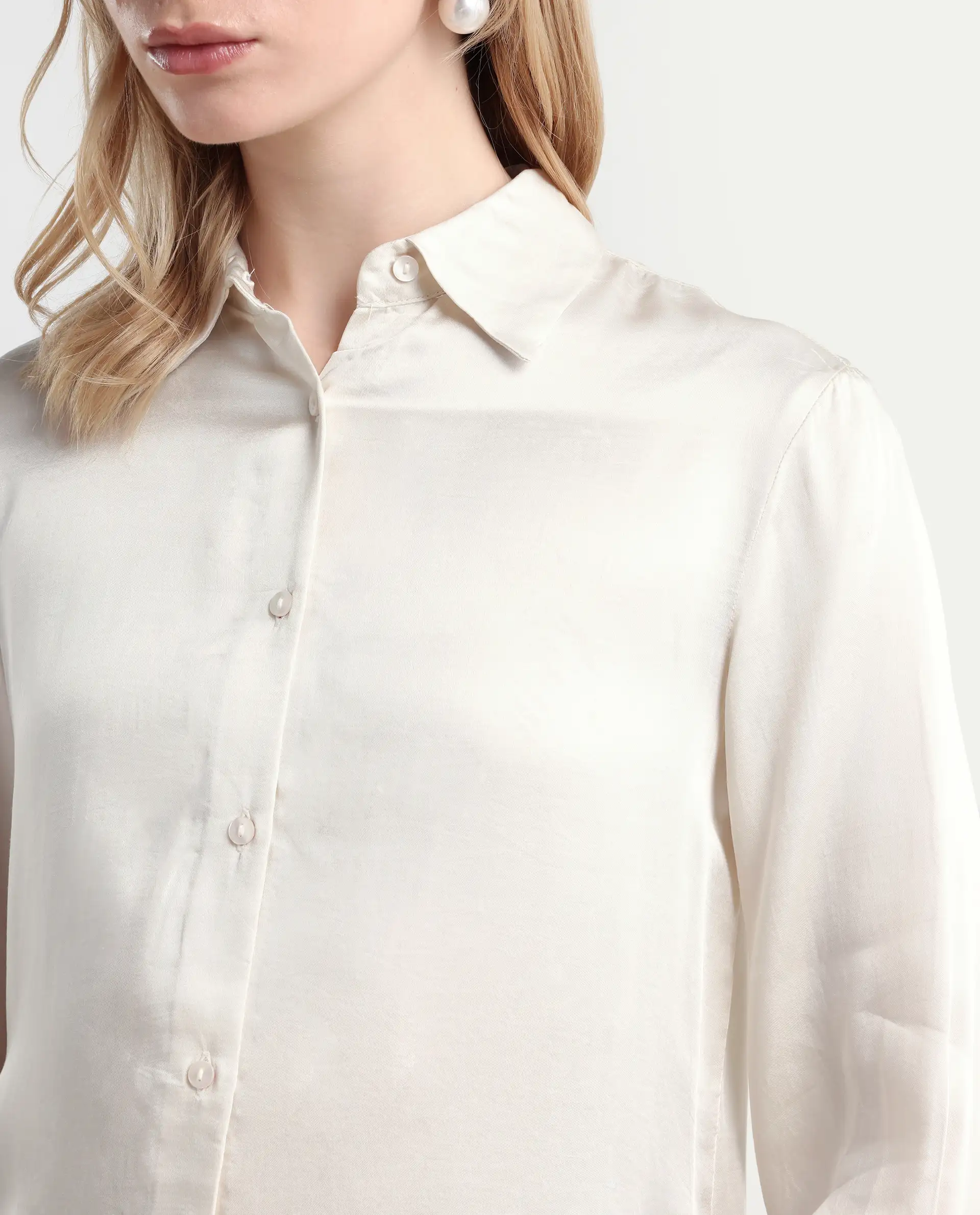 Rareism Women's Jaux Beige Satin Collared Plain Cuffed Sleeve Regular Fit Shirt - Image 4