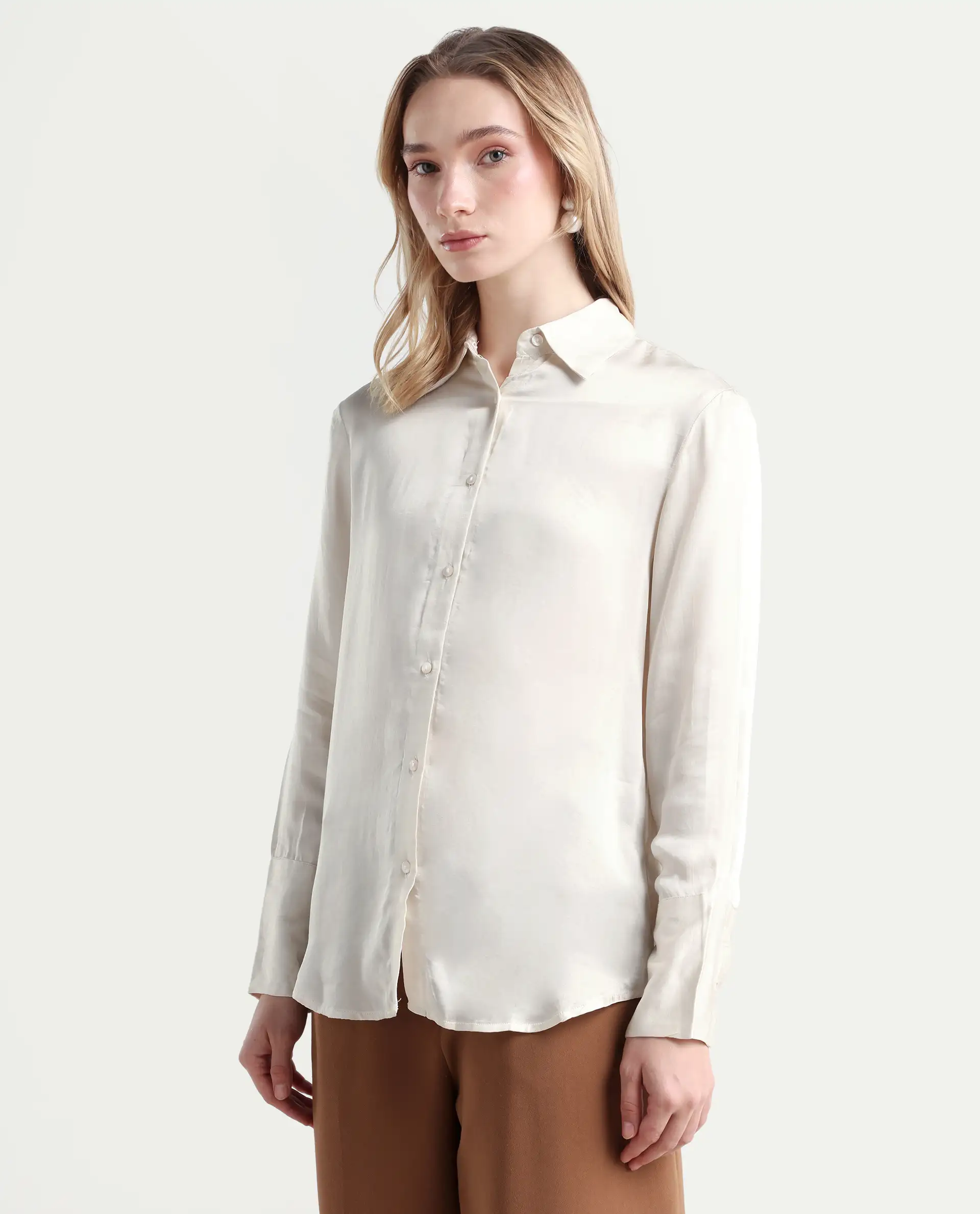 Rareism Women's Jaux Beige Satin Collared Plain Cuffed Sleeve Regular Fit Shirt - Image 5