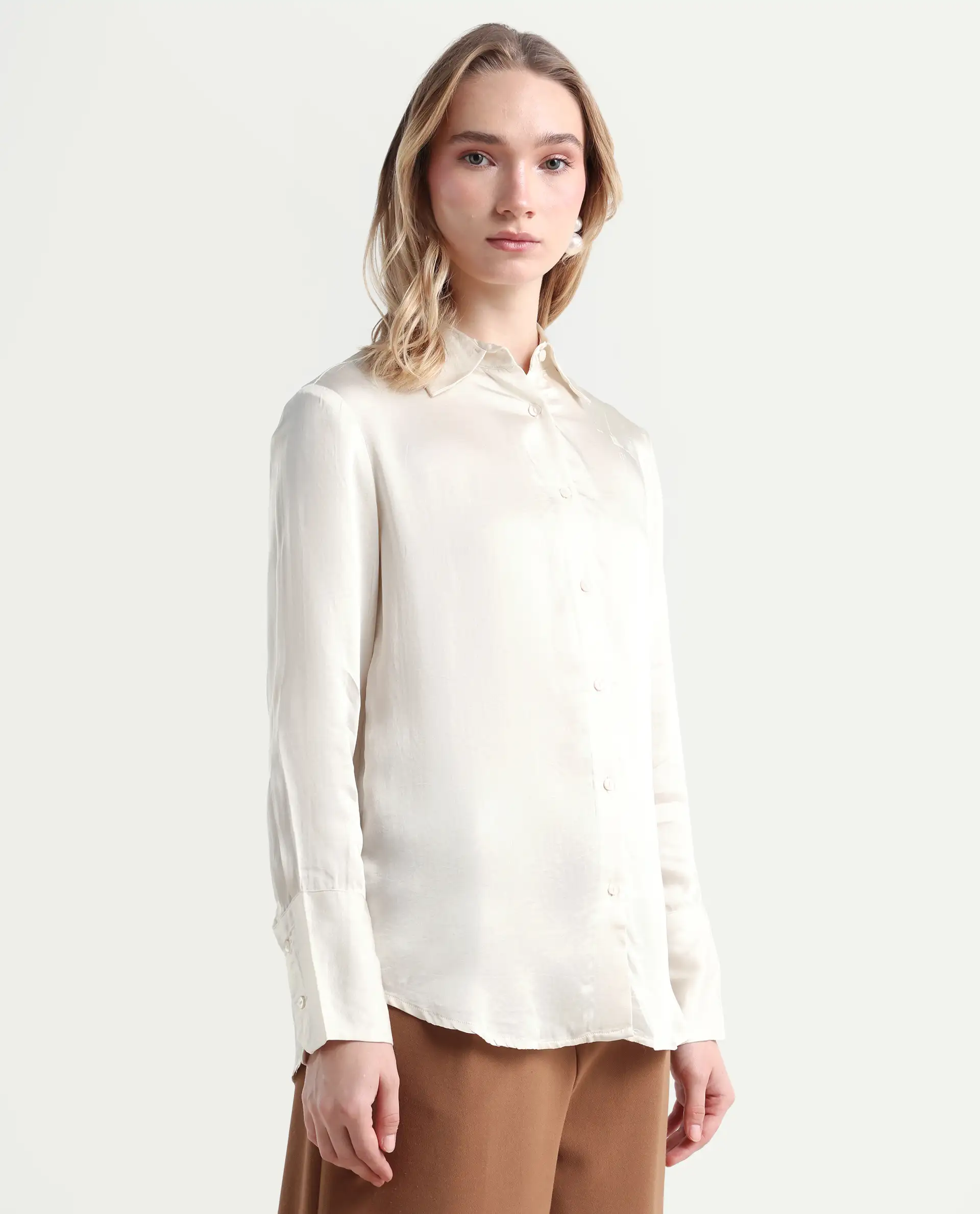 Rareism Women's Jaux Beige Satin Collared Plain Cuffed Sleeve Regular Fit Shirt - Image 6