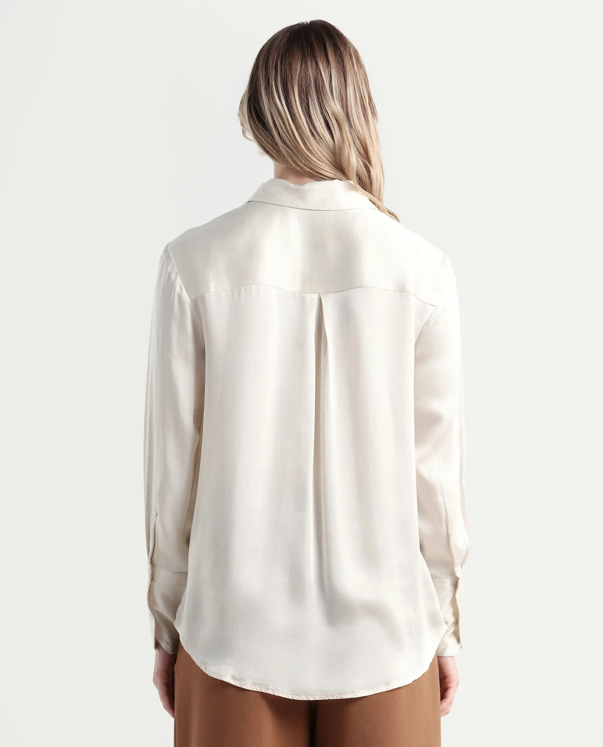 Rareism Women's Jaux Beige Satin Collared Plain Cuffed Sleeve Regular Fit Shirt - Image 7
