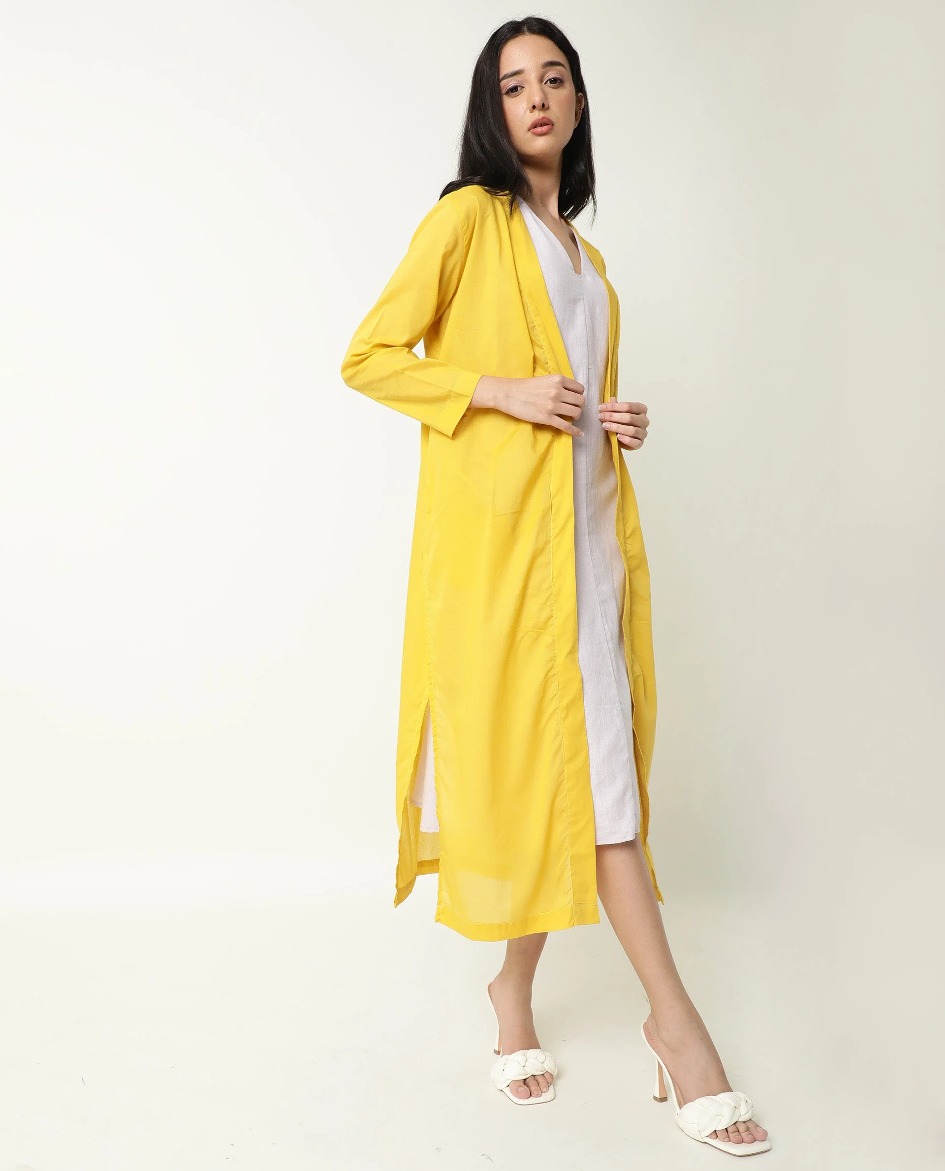 Rareism Women's Java Yellow Cotton Collarless Plain Knee Length Regular Fit Shrug
