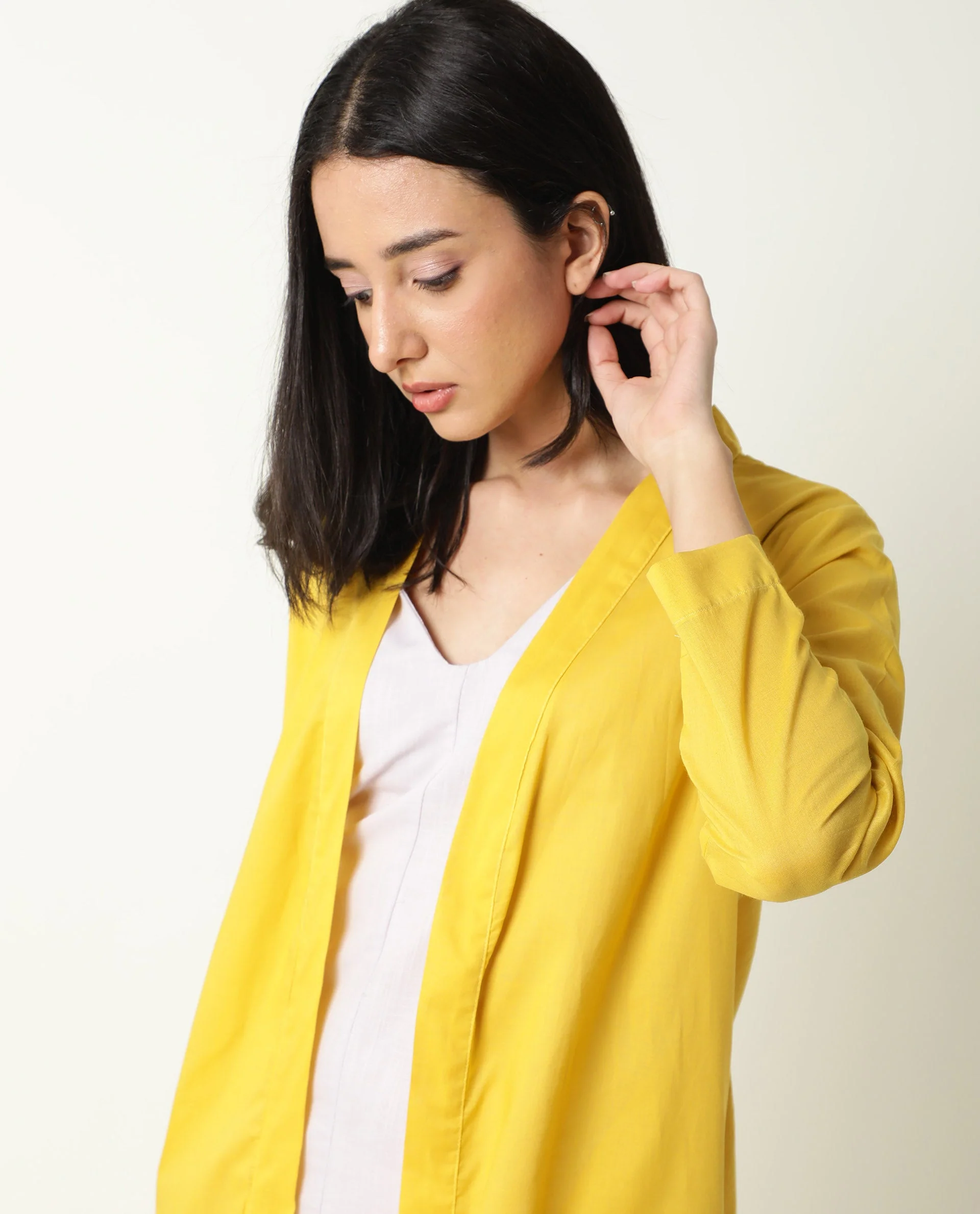 Rareism Women's Java Yellow Cotton Collarless Plain Knee Length Regular Fit Shrug - Image 2