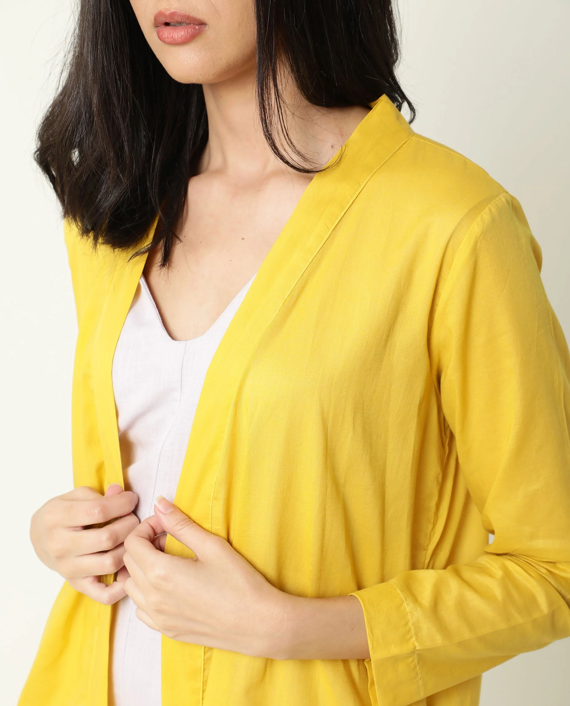 Rareism Women's Java Yellow Cotton Collarless Plain Knee Length Regular Fit Shrug - Image 3