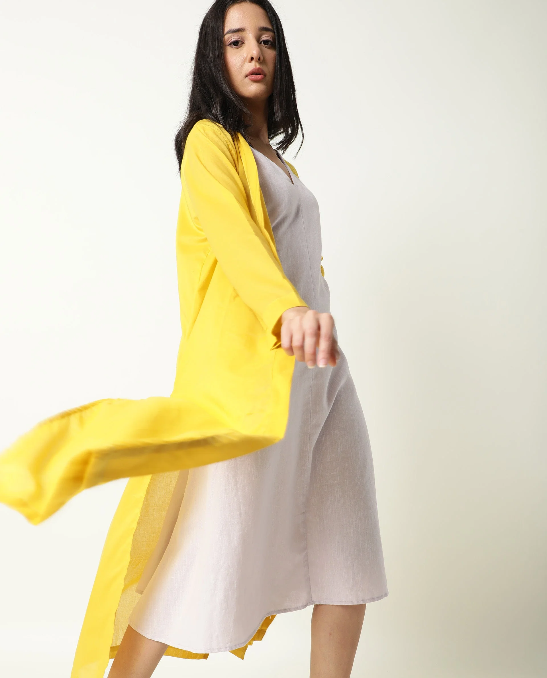 Rareism Women's Java Yellow Cotton Collarless Plain Knee Length Regular Fit Shrug - Image 5