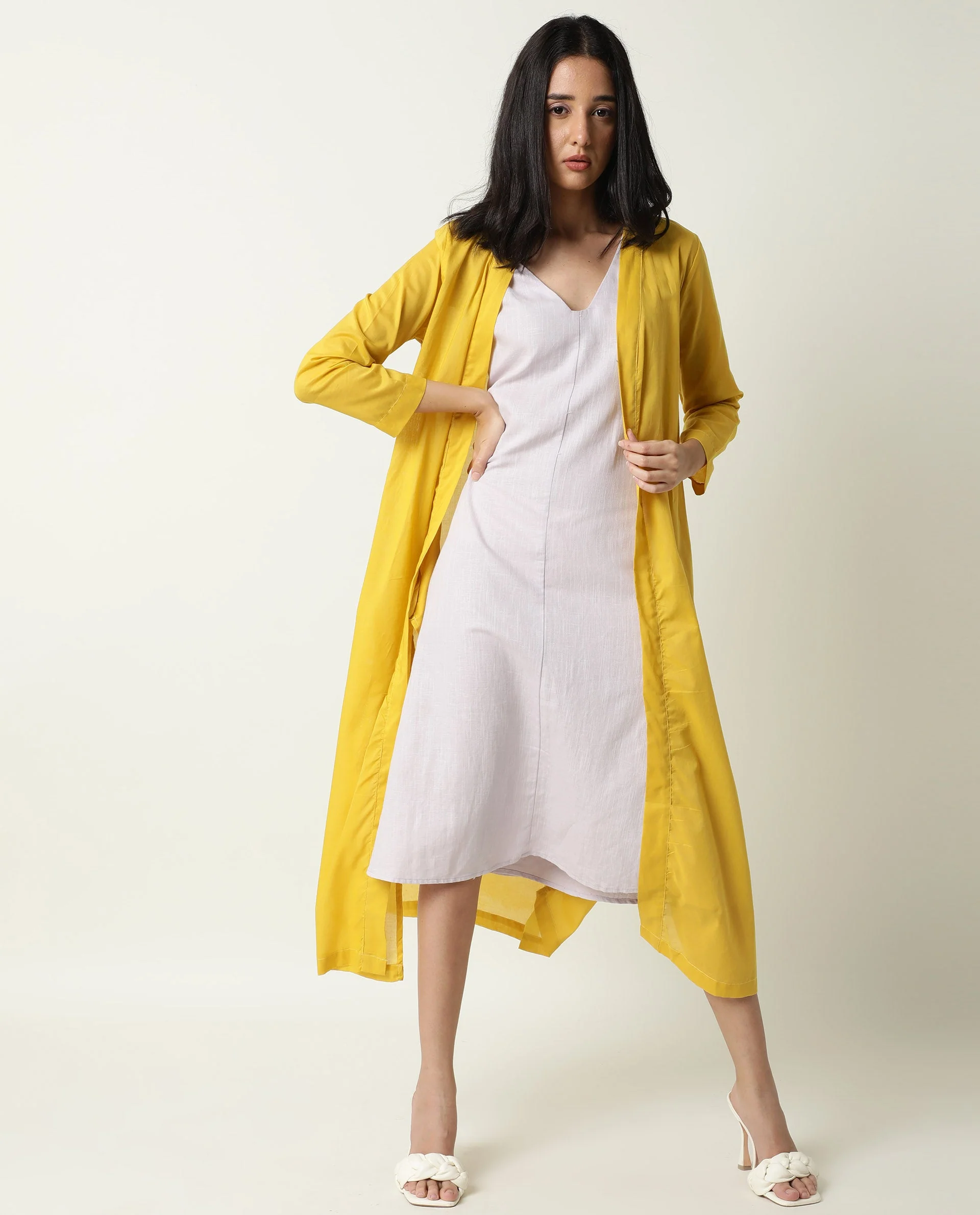 Rareism Women's Java Yellow Cotton Collarless Plain Knee Length Regular Fit Shrug - Image 6