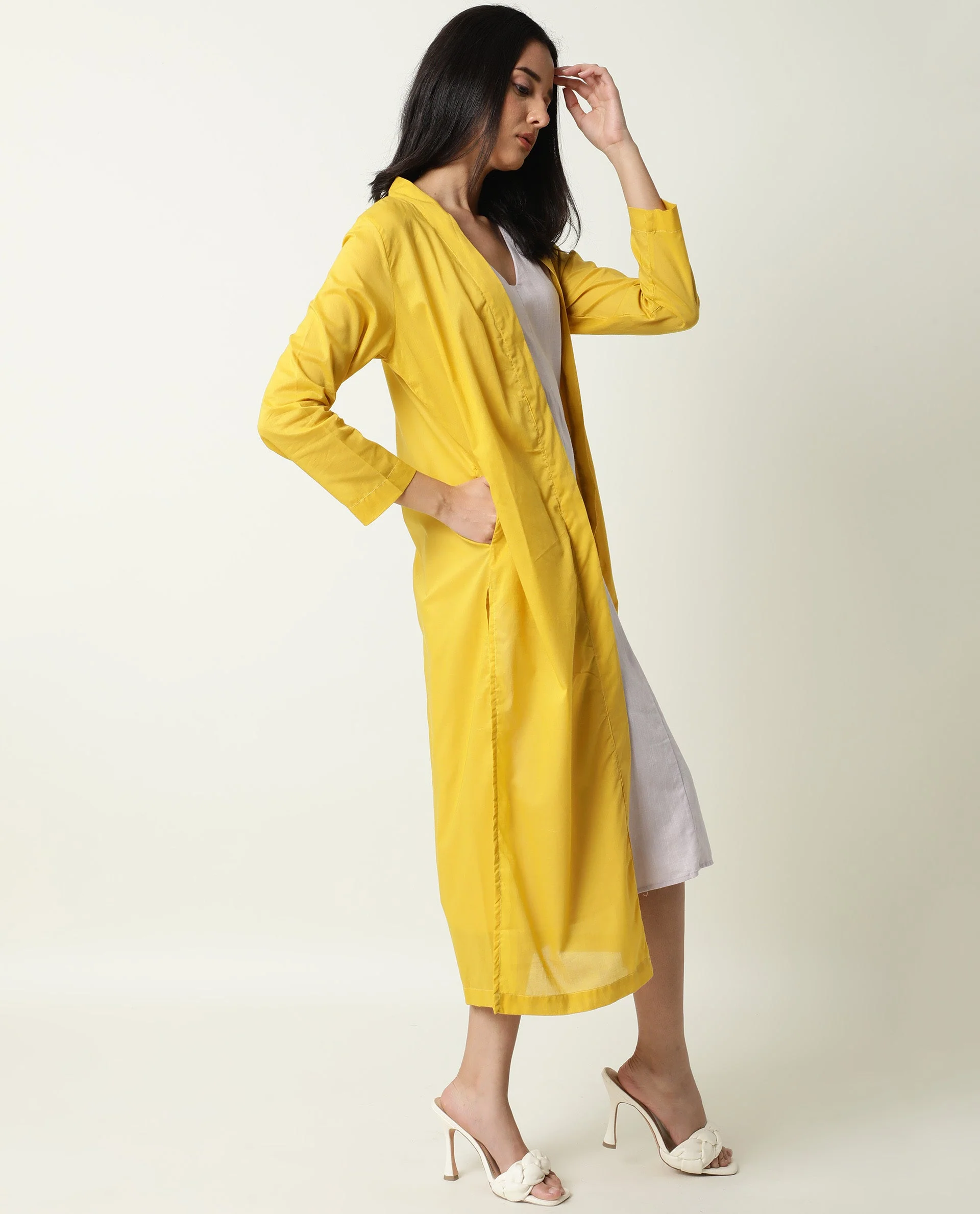 Rareism Women's Java Yellow Cotton Collarless Plain Knee Length Regular Fit Shrug - Image 7