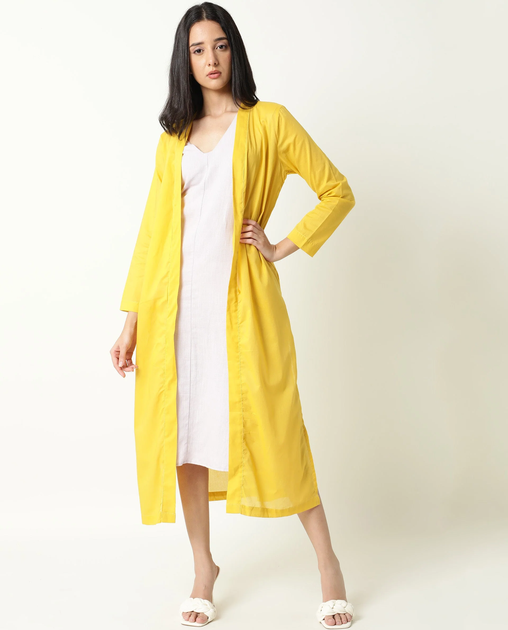 Rareism Women's Java Yellow Cotton Collarless Plain Knee Length Regular Fit Shrug - Image 8