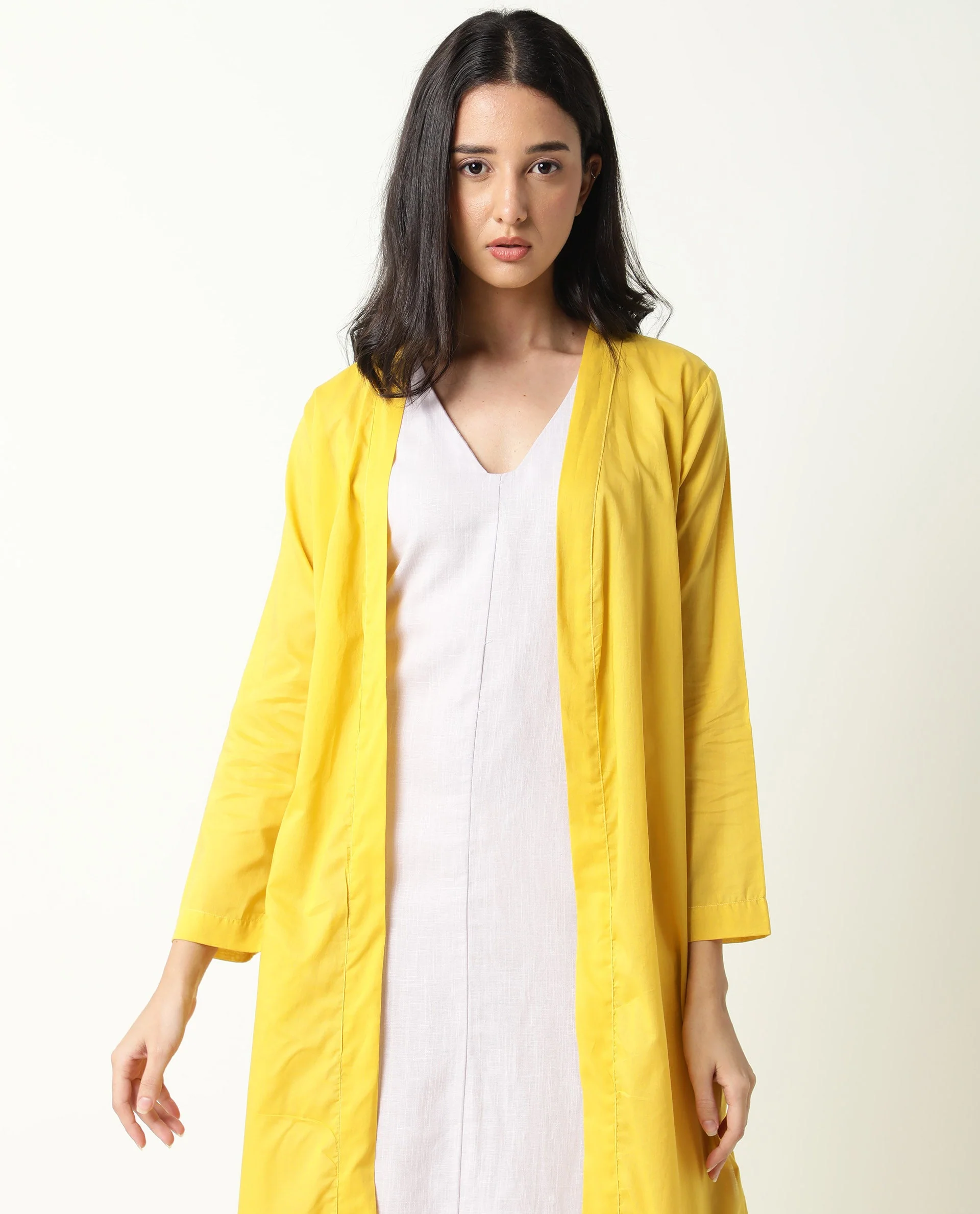 Rareism Women's Java Yellow Cotton Collarless Plain Knee Length Regular Fit Shrug - Image 9