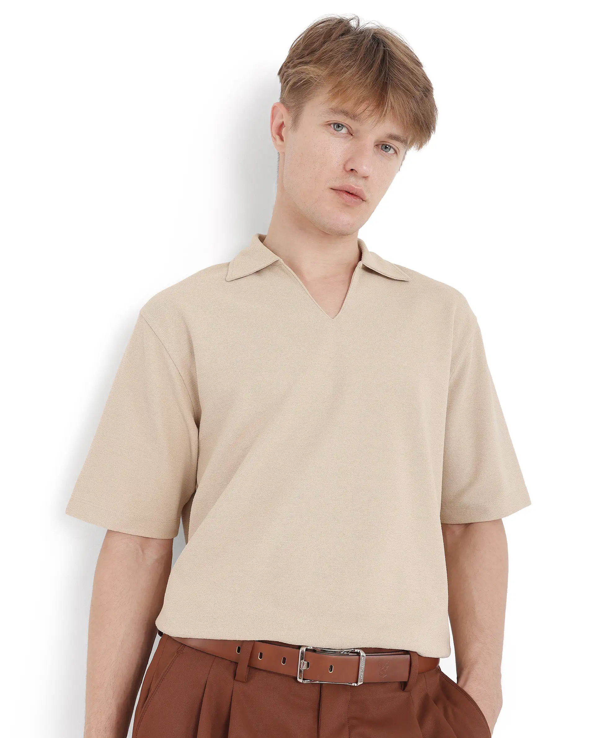 Rare Rabbit Men's Jawal Beige Cotton Blend Plain Oversized Fit Half Sleeve Polo