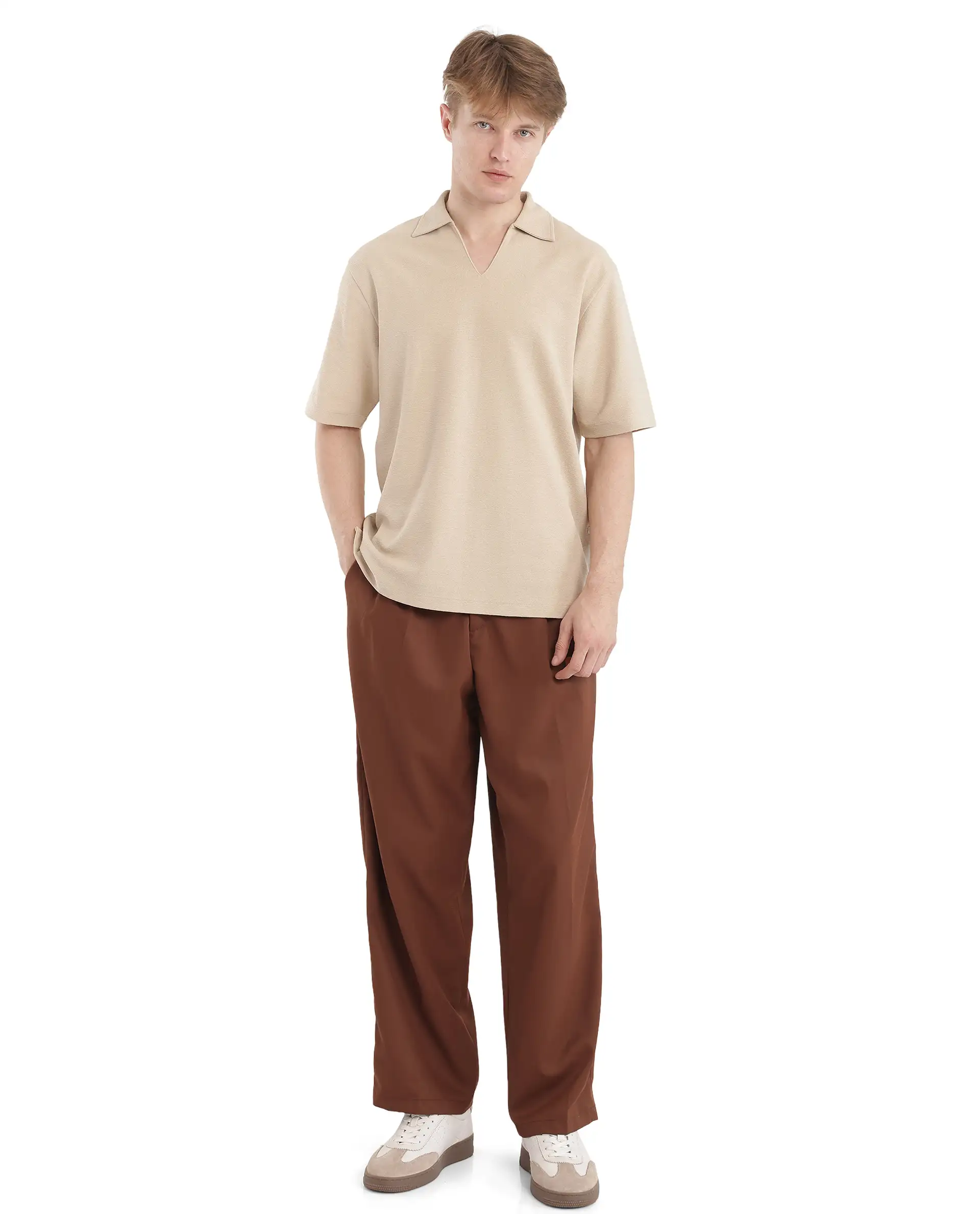 Rare Rabbit Men's Jawal Beige Cotton Blend Plain Oversized Fit Half Sleeve Polo - Image 2