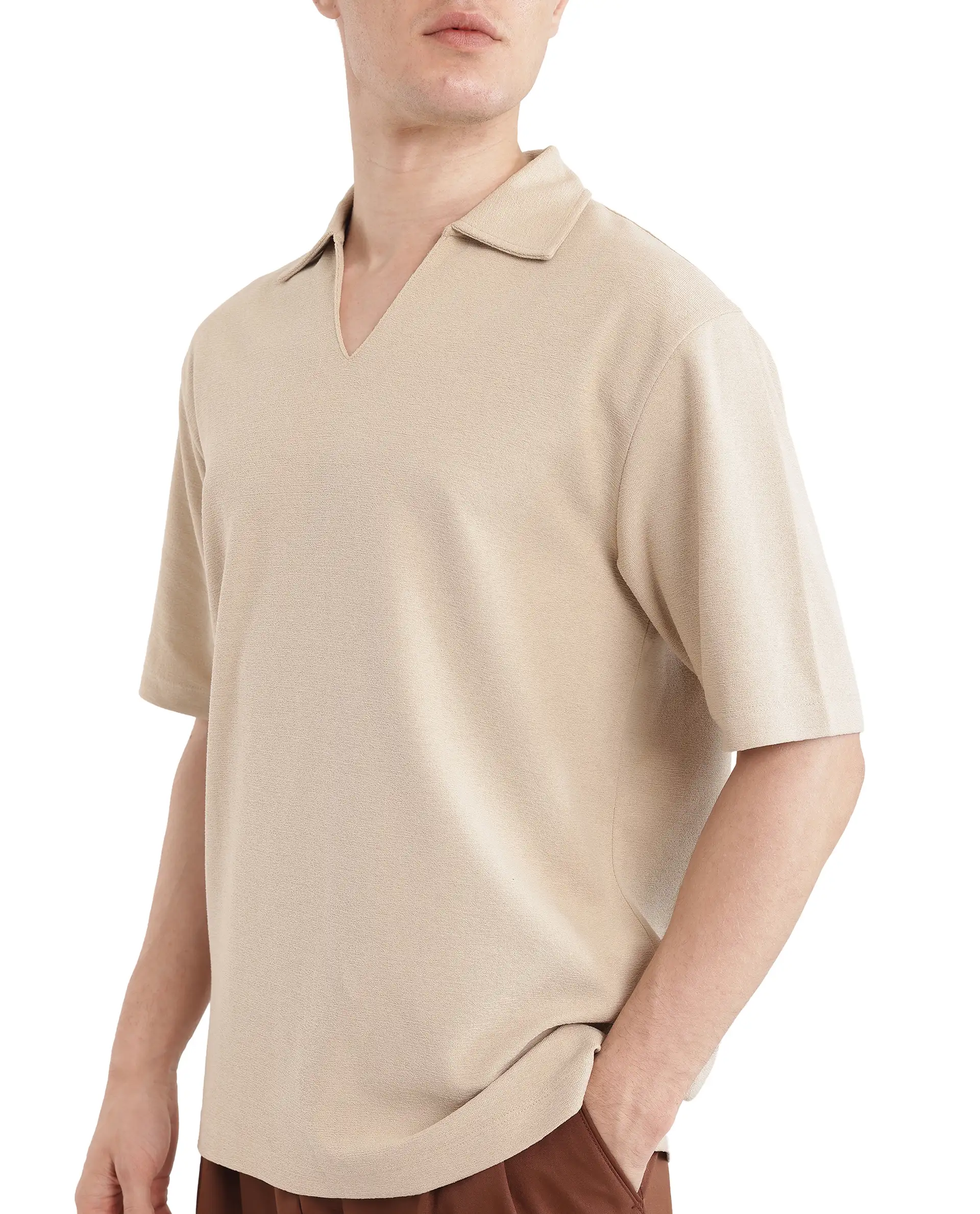 Rare Rabbit Men's Jawal Beige Cotton Blend Plain Oversized Fit Half Sleeve Polo - Image 3
