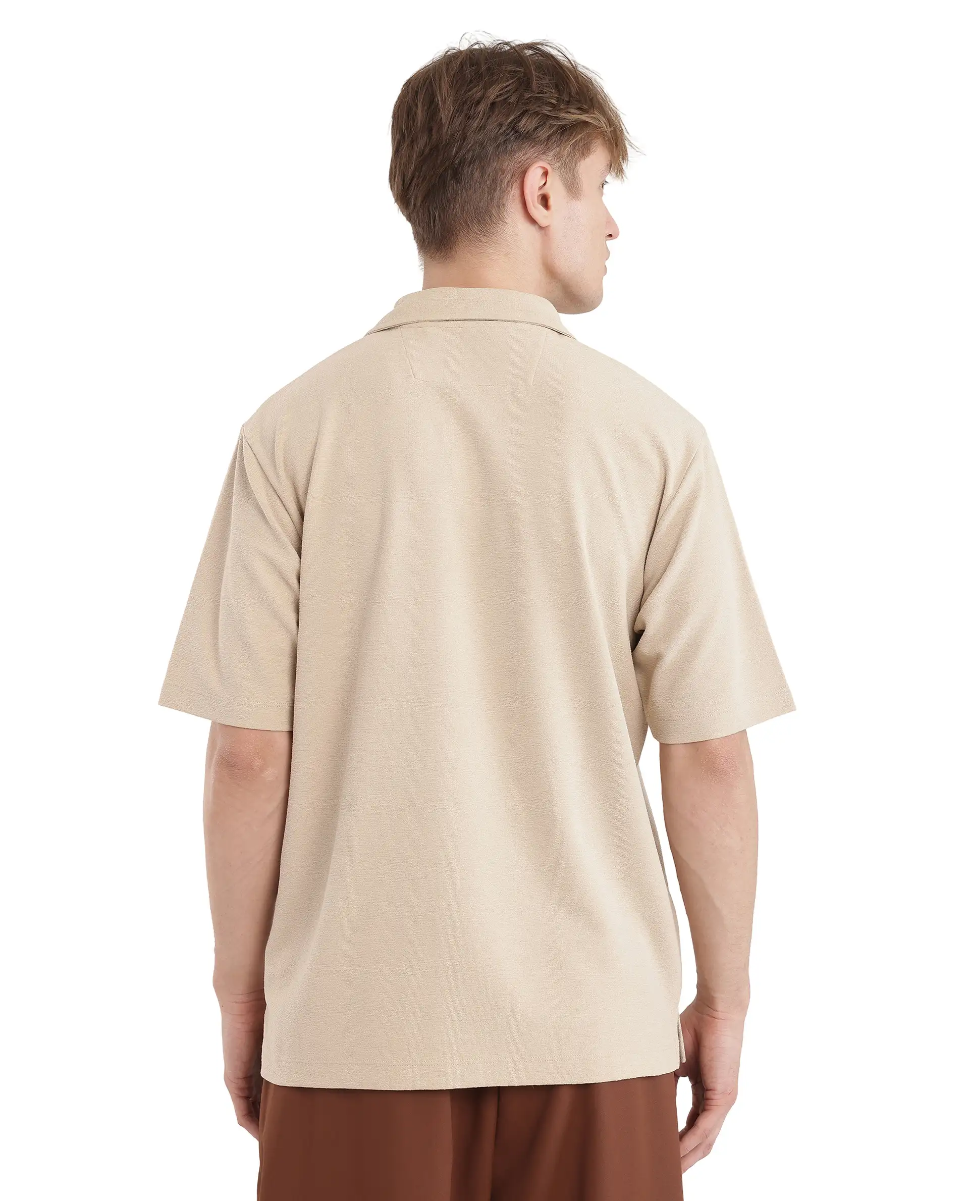 Rare Rabbit Men's Jawal Beige Cotton Blend Plain Oversized Fit Half Sleeve Polo - Image 4