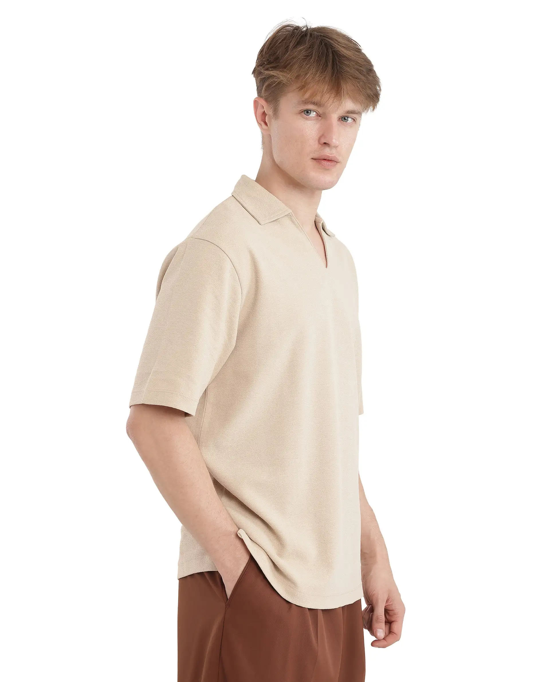 Rare Rabbit Men's Jawal Beige Cotton Blend Plain Oversized Fit Half Sleeve Polo - Image 5