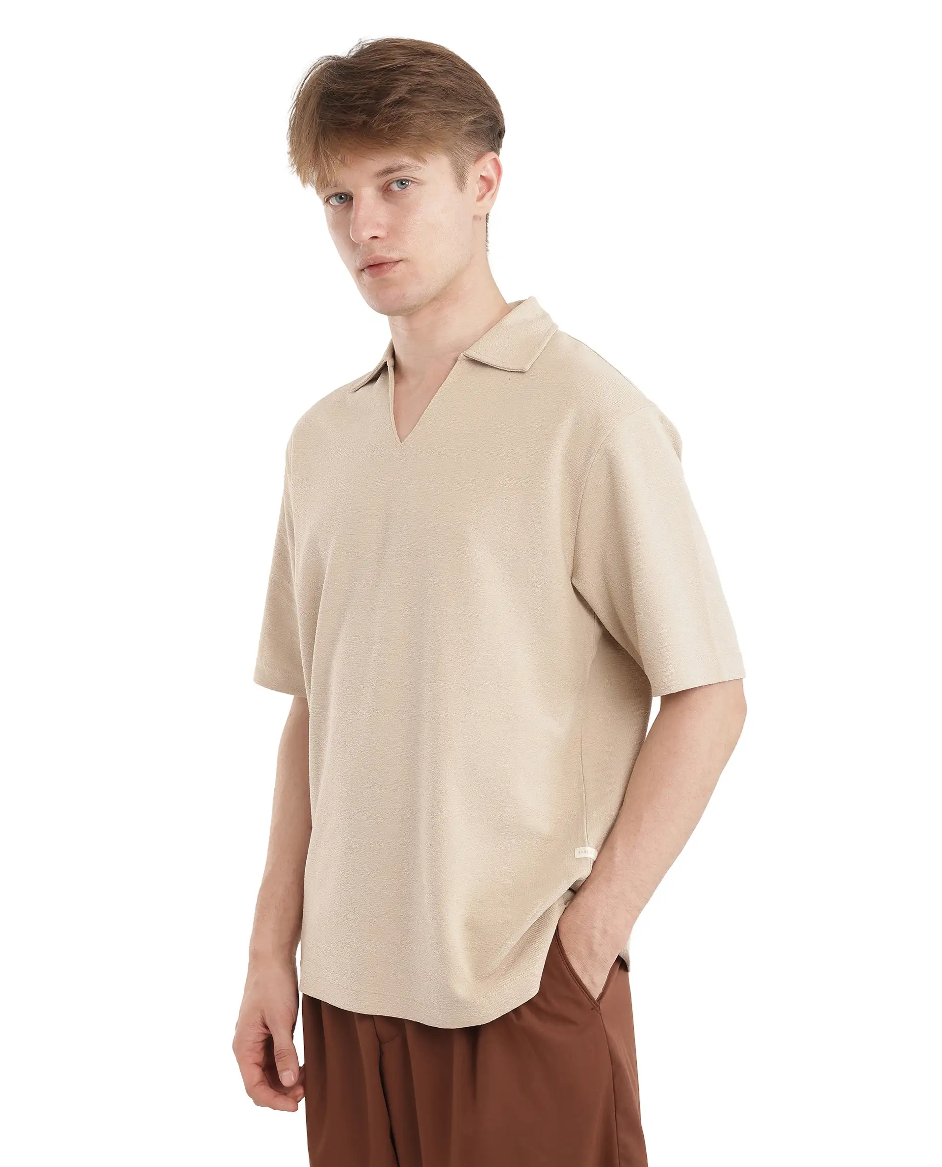 Rare Rabbit Men's Jawal Beige Cotton Blend Plain Oversized Fit Half Sleeve Polo - Image 6