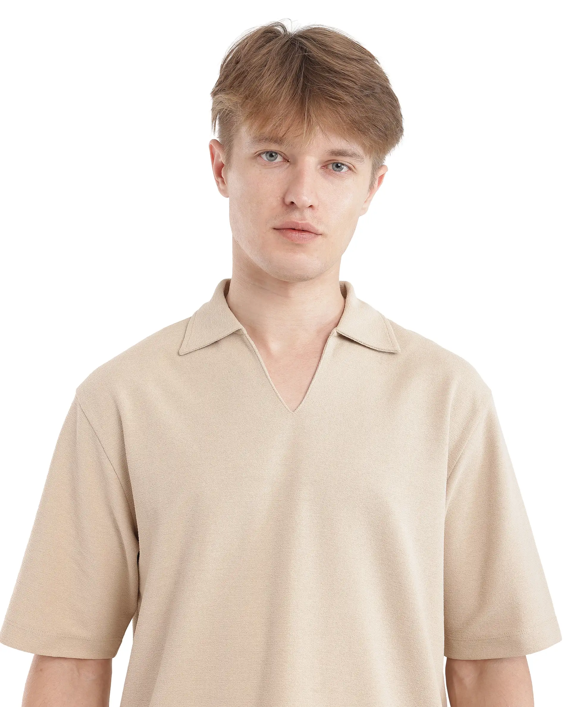 Rare Rabbit Men's Jawal Beige Cotton Blend Plain Oversized Fit Half Sleeve Polo - Image 8