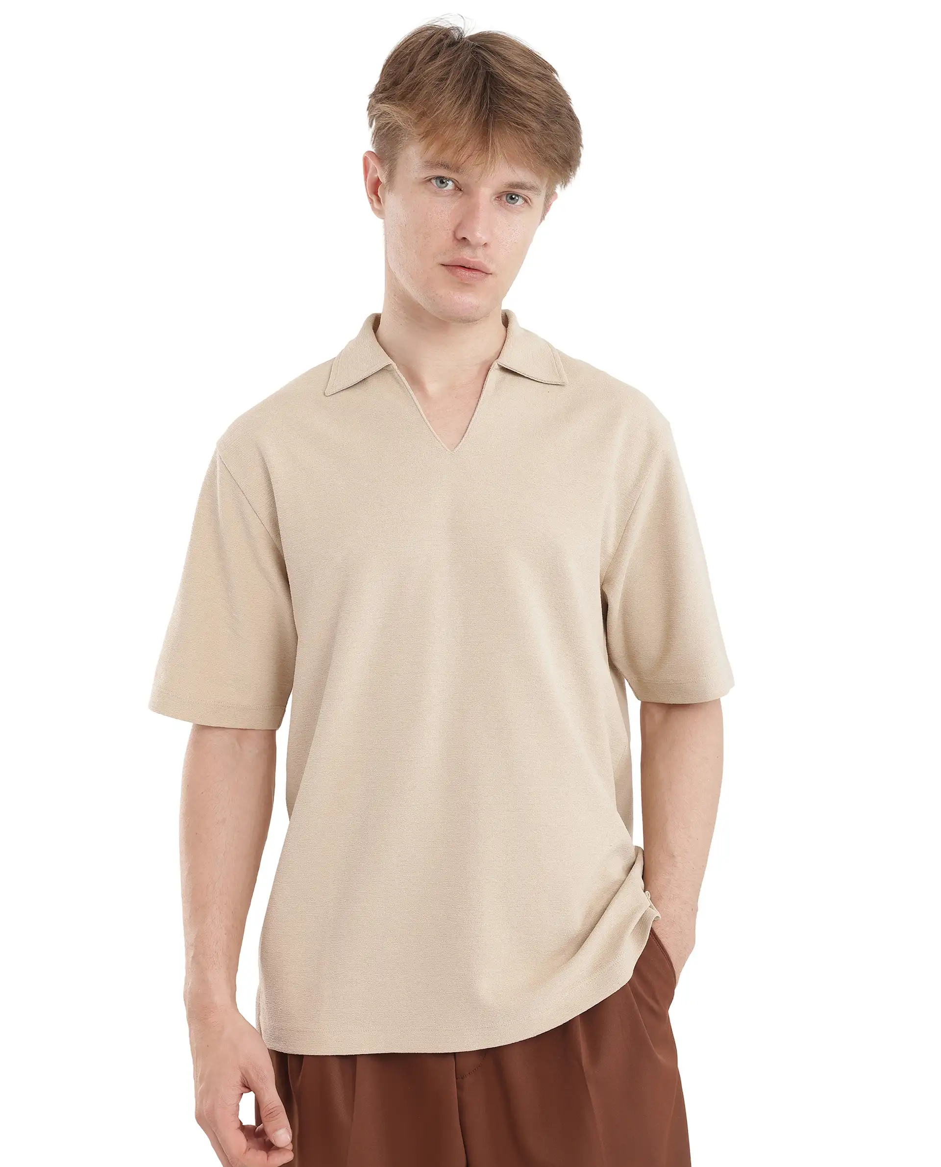 Rare Rabbit Men's Jawal Beige Cotton Blend Plain Oversized Fit Half Sleeve Polo - Image 9