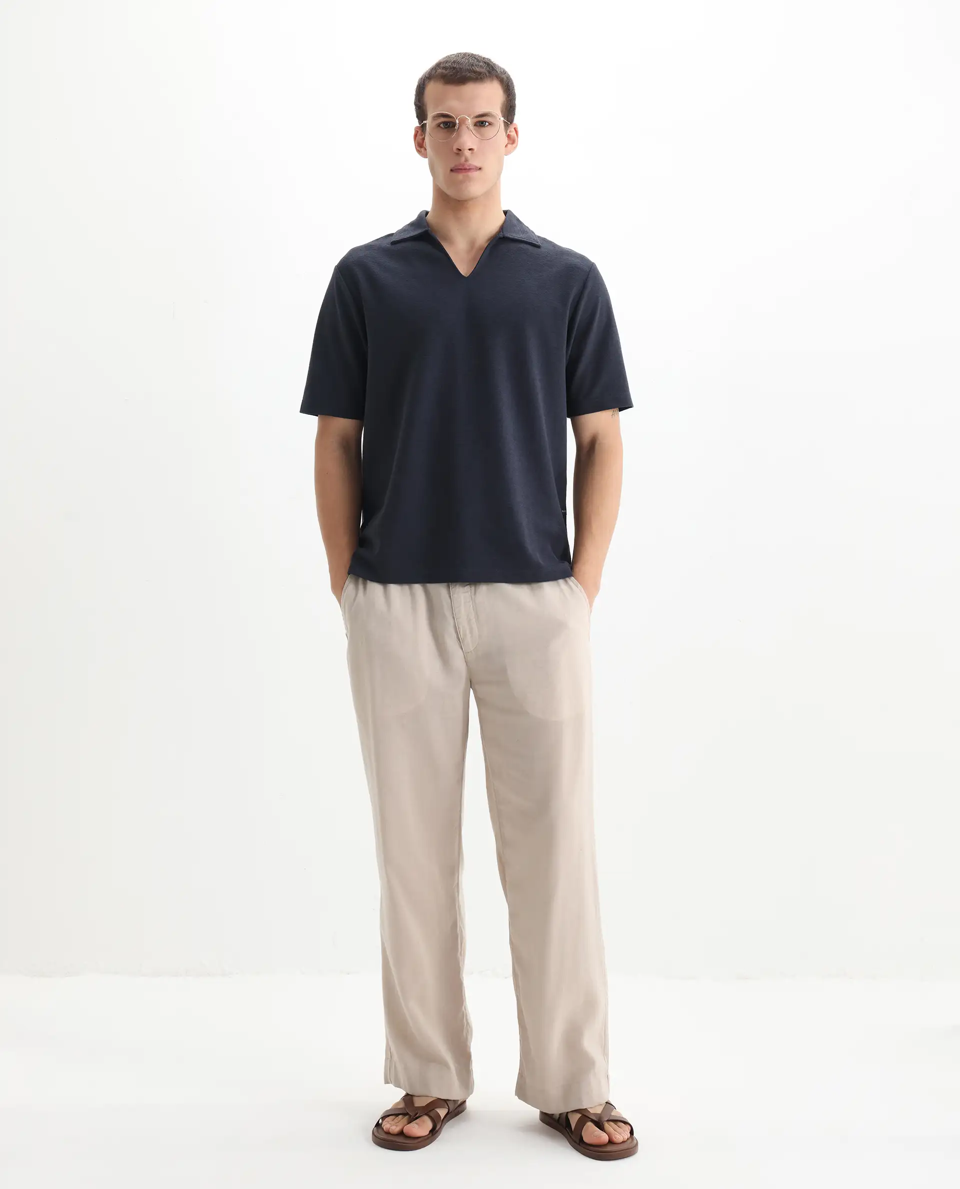 Rare Rabbit Men's Jawal Navy Cotton Blend Plain Oversized Fit Half Sleeve Polo - Image 2