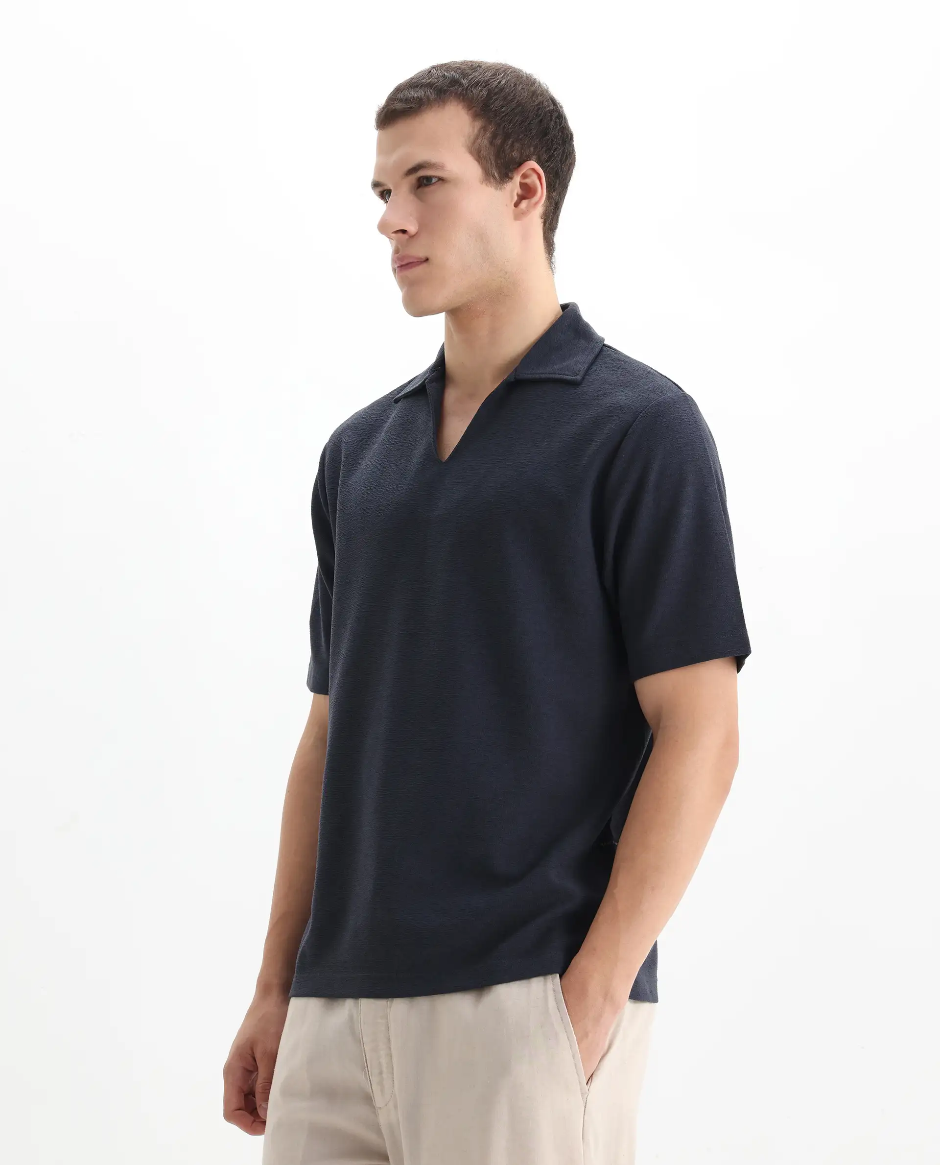 Rare Rabbit Men's Jawal Navy Cotton Blend Plain Oversized Fit Half Sleeve Polo - Image 4