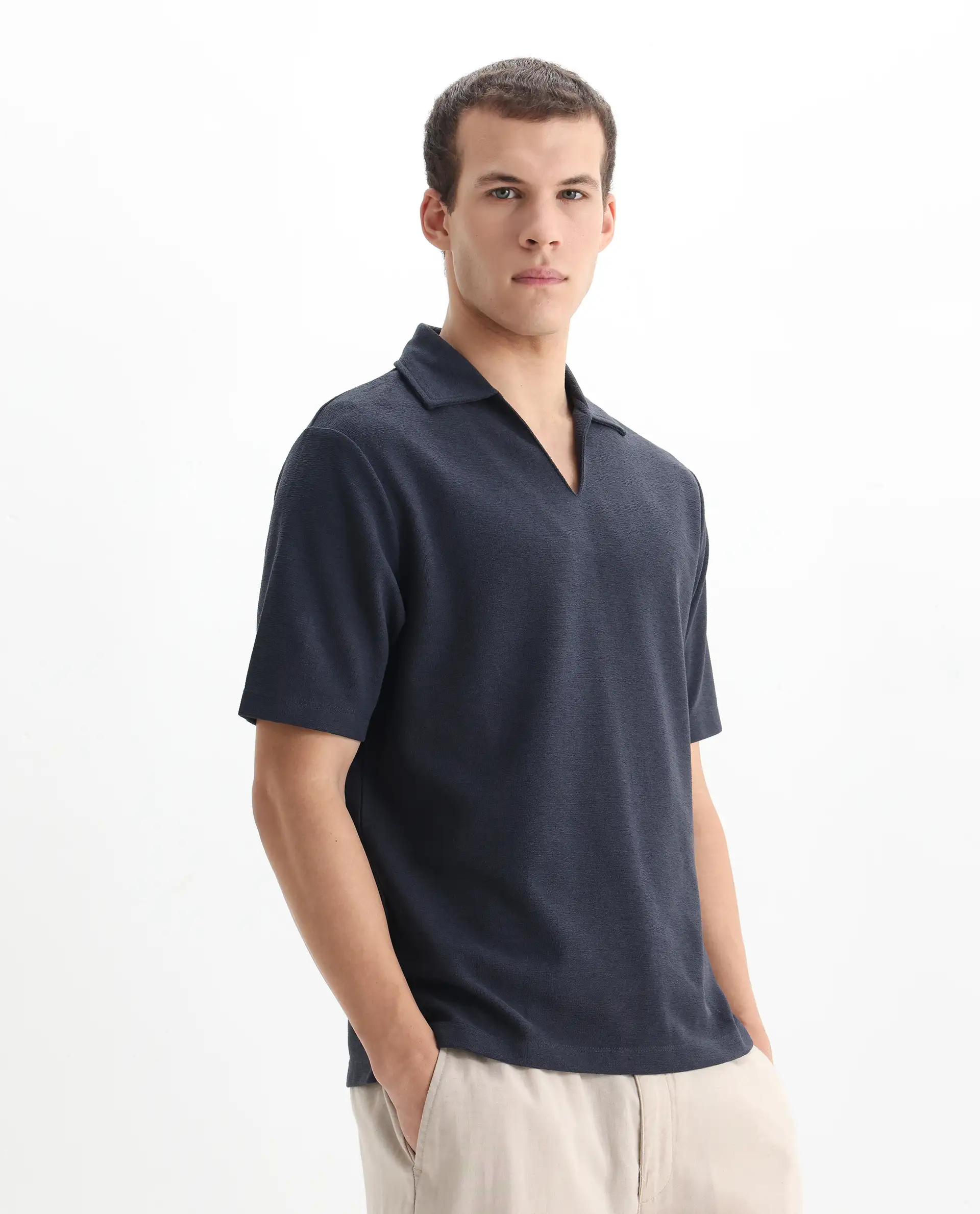 Rare Rabbit Men's Jawal Navy Cotton Blend Plain Oversized Fit Half Sleeve Polo - Image 5