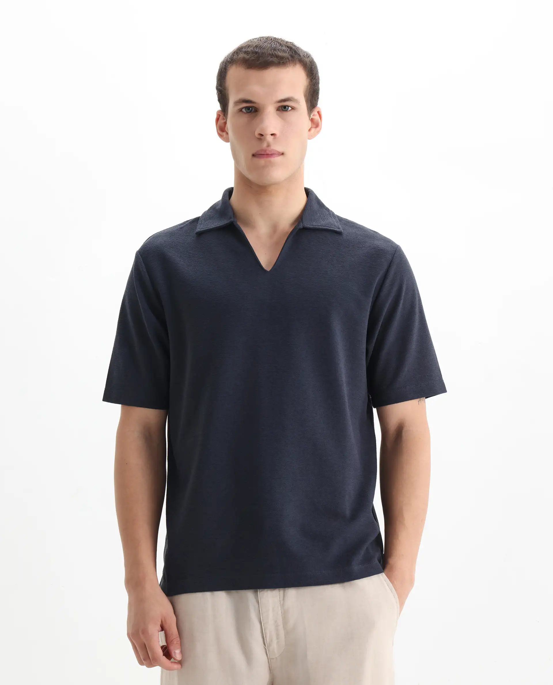Rare Rabbit Men's Jawal Navy Cotton Blend Plain Oversized Fit Half Sleeve Polo - Image 6