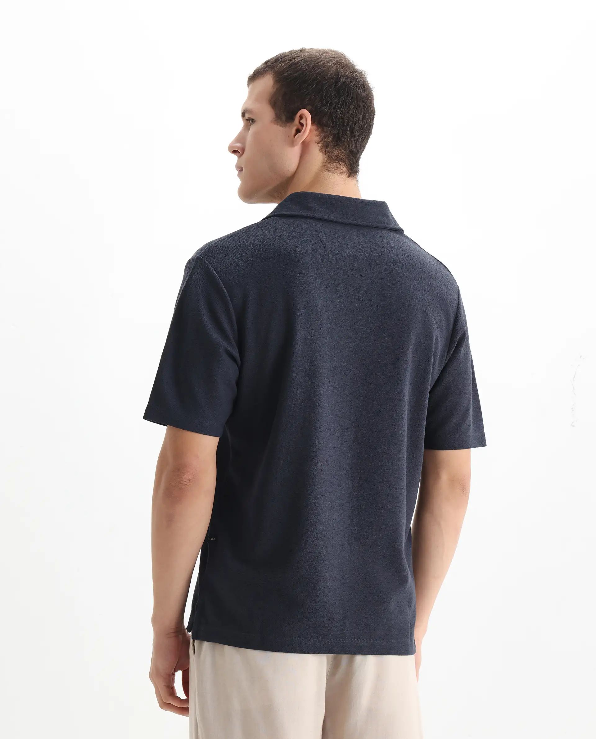 Rare Rabbit Men's Jawal Navy Cotton Blend Plain Oversized Fit Half Sleeve Polo - Image 7