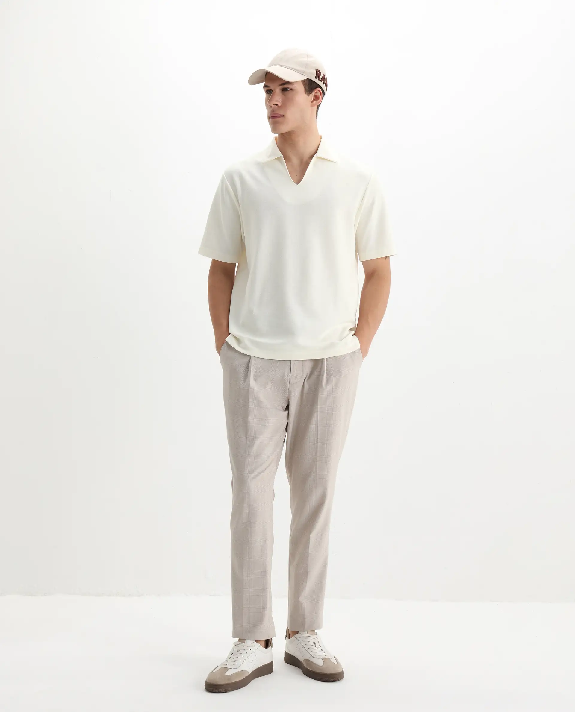 Rare Rabbit Men's Jawal Off White Cotton Blend Plain Oversized Fit Half Sleeve Polo - Image 2