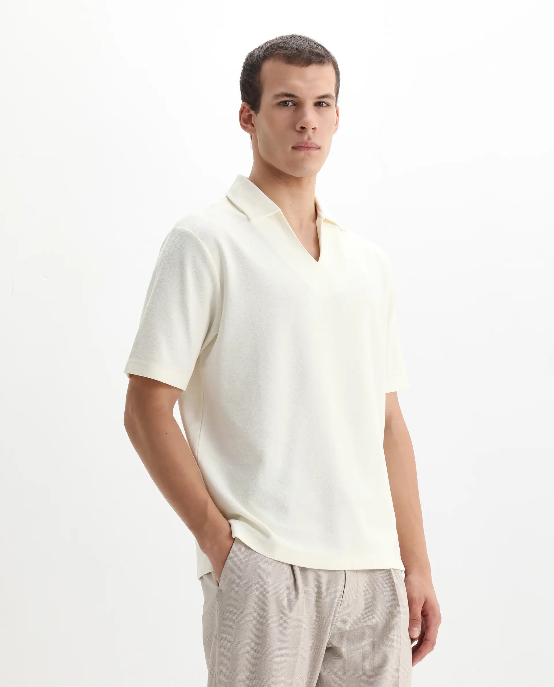 Rare Rabbit Men's Jawal Off White Cotton Blend Plain Oversized Fit Half Sleeve Polo - Image 5