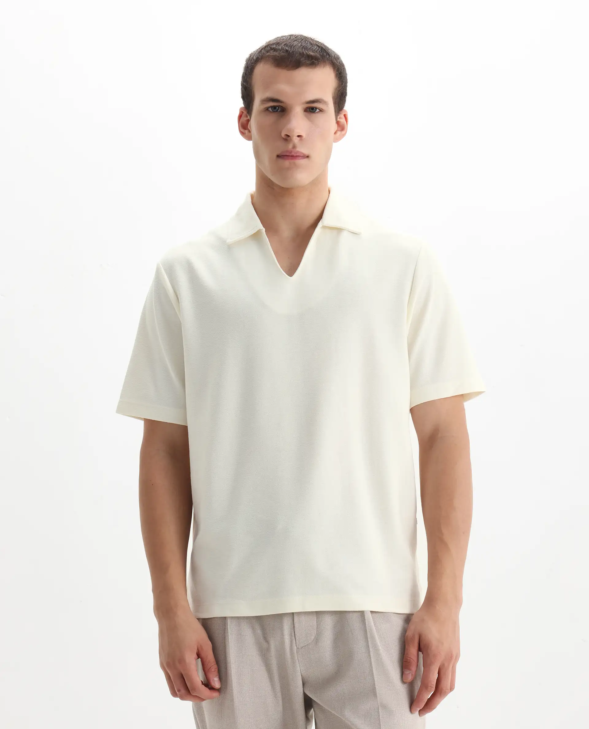Rare Rabbit Men's Jawal Off White Cotton Blend Plain Oversized Fit Half Sleeve Polo - Image 6
