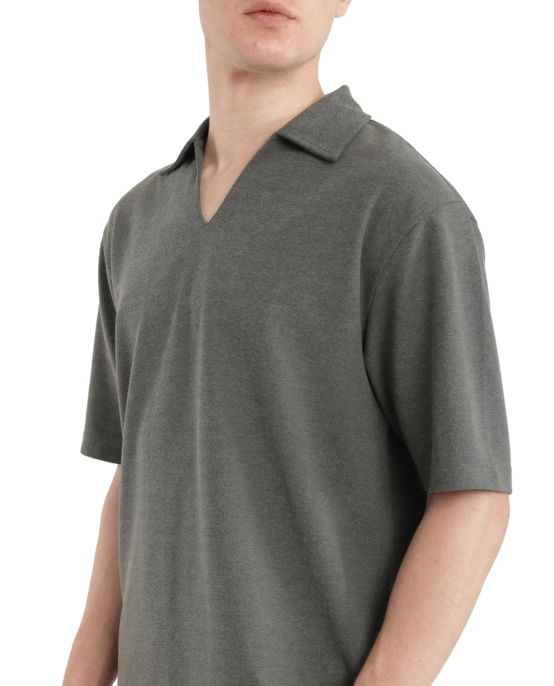 Rare Rabbit Men's Jawal Olive Cotton Blend Plain Oversized Fit Half Sleeve Polo - Image 2