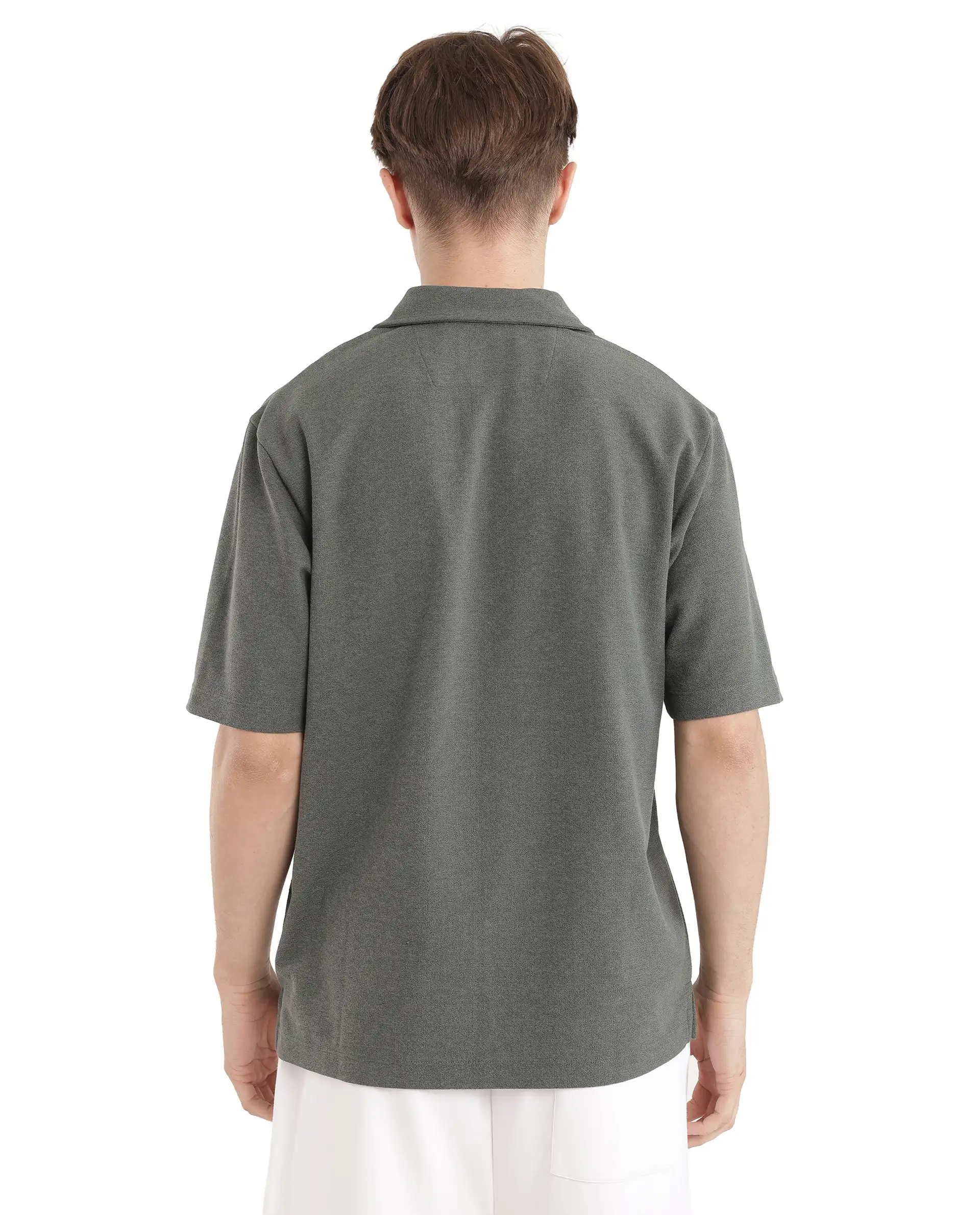 Rare Rabbit Men's Jawal Olive Cotton Blend Plain Oversized Fit Half Sleeve Polo - Image 3