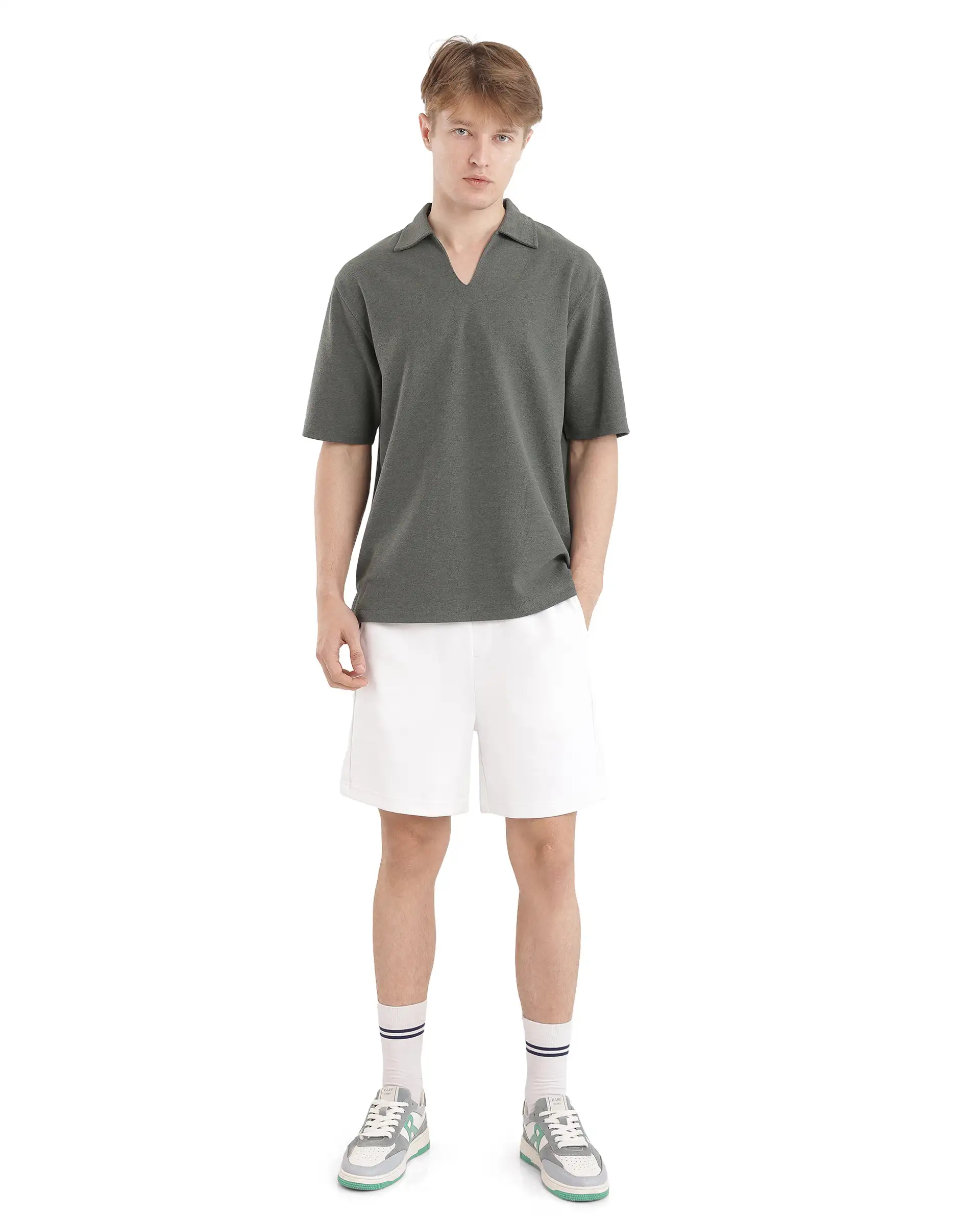 Rare Rabbit Men's Jawal Olive Cotton Blend Plain Oversized Fit Half Sleeve Polo - Image 4