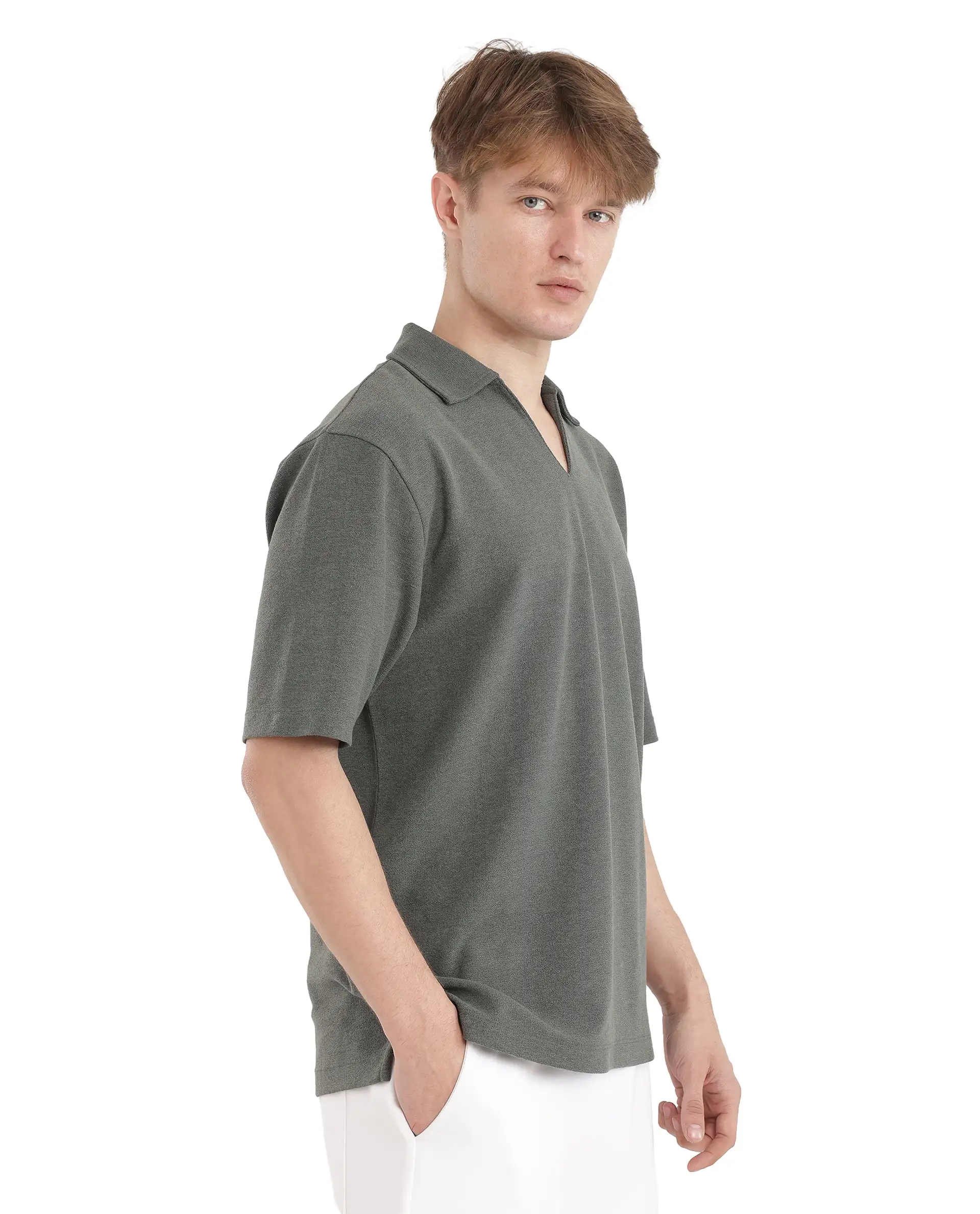 Rare Rabbit Men's Jawal Olive Cotton Blend Plain Oversized Fit Half Sleeve Polo - Image 5