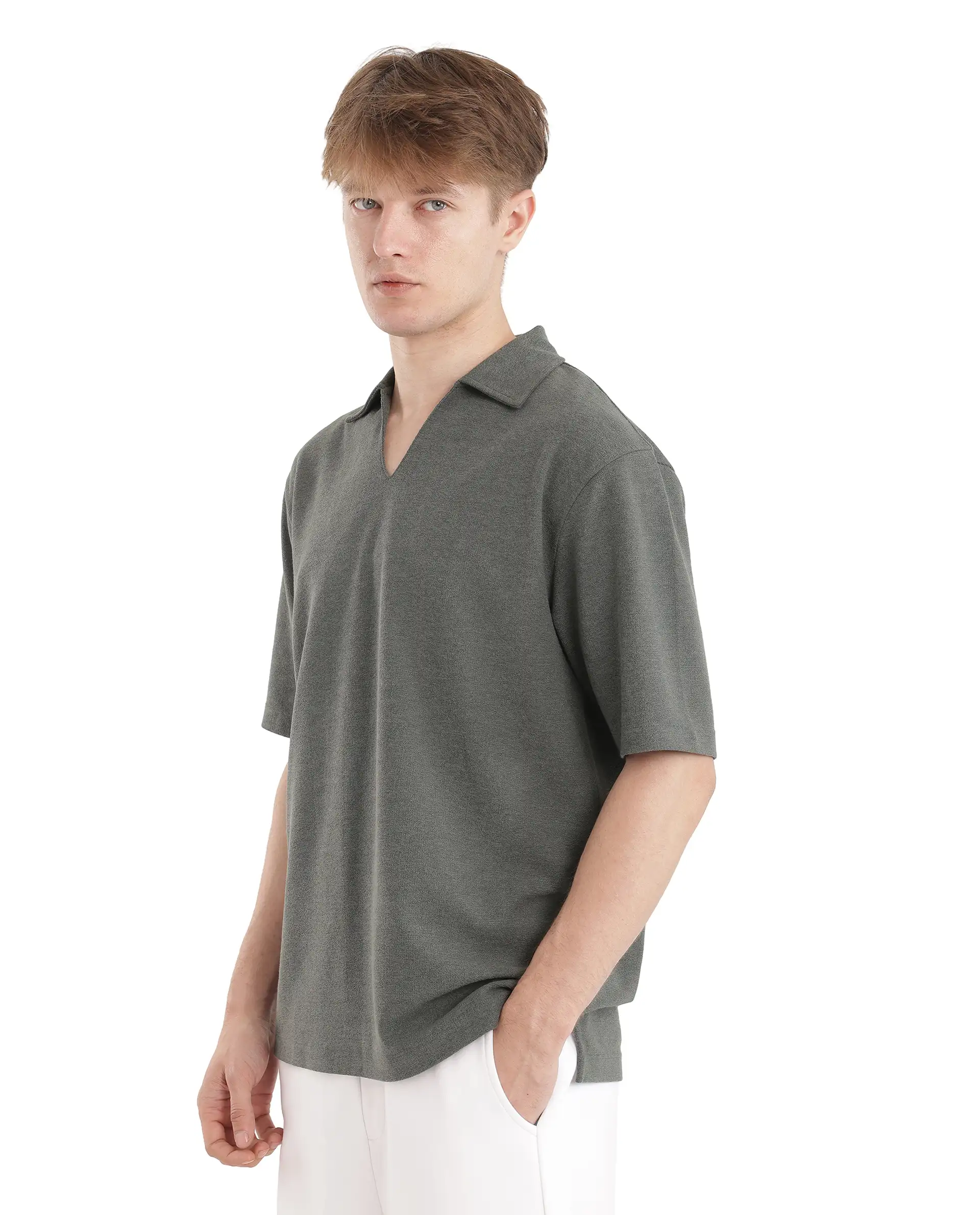 Rare Rabbit Men's Jawal Olive Cotton Blend Plain Oversized Fit Half Sleeve Polo - Image 6