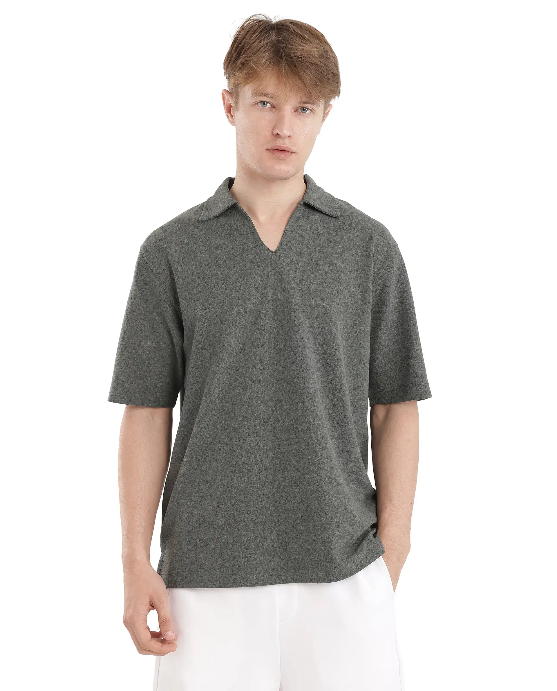 Rare Rabbit Men's Jawal Olive Cotton Blend Plain Oversized Fit Half Sleeve Polo - Image 8