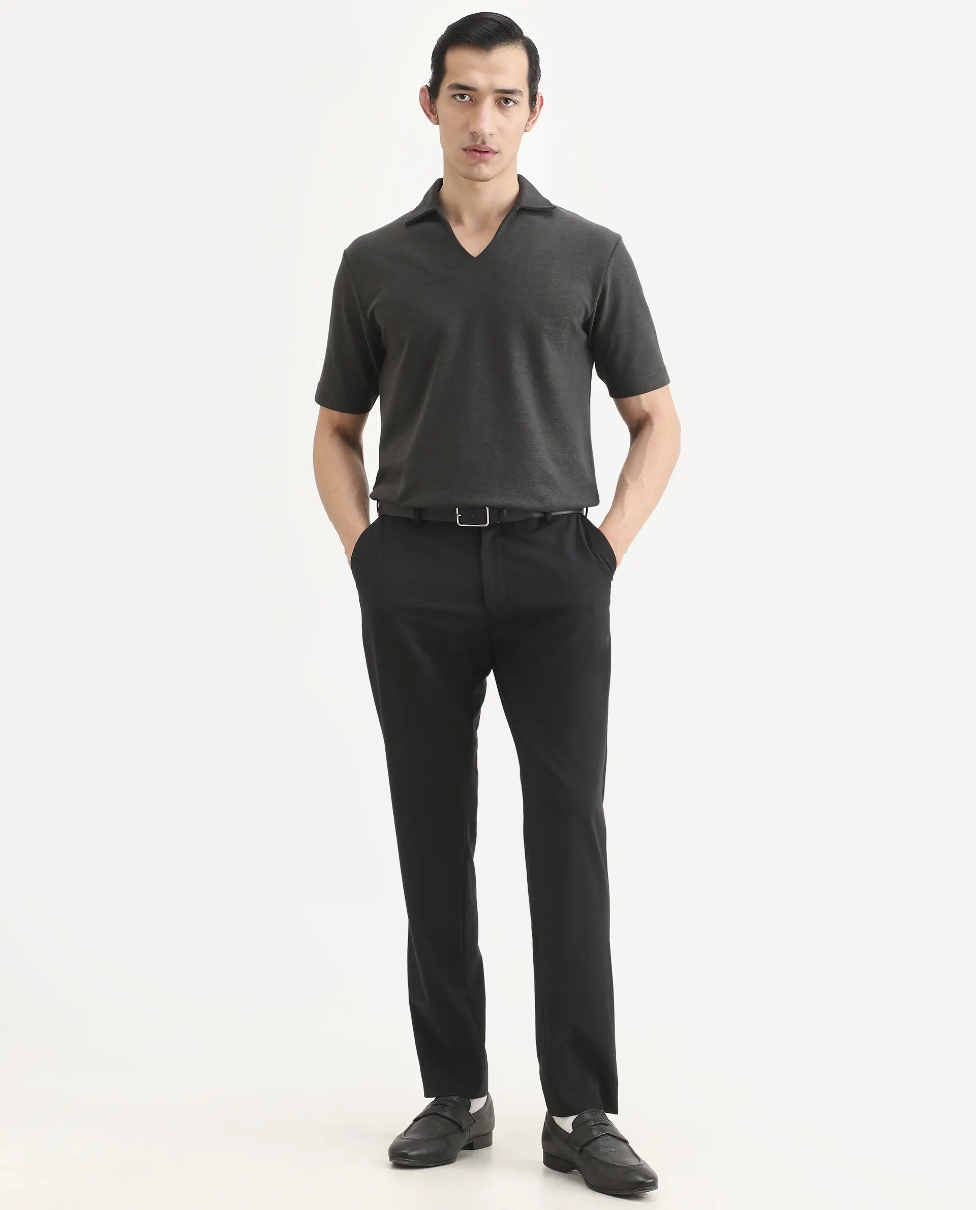 Rare Rabbit Men's Jawal-S26 Dark Grey Cotton Blend Fabric Half Sleeve Jonny Collar Regular Fit Plain Polo - Image 2