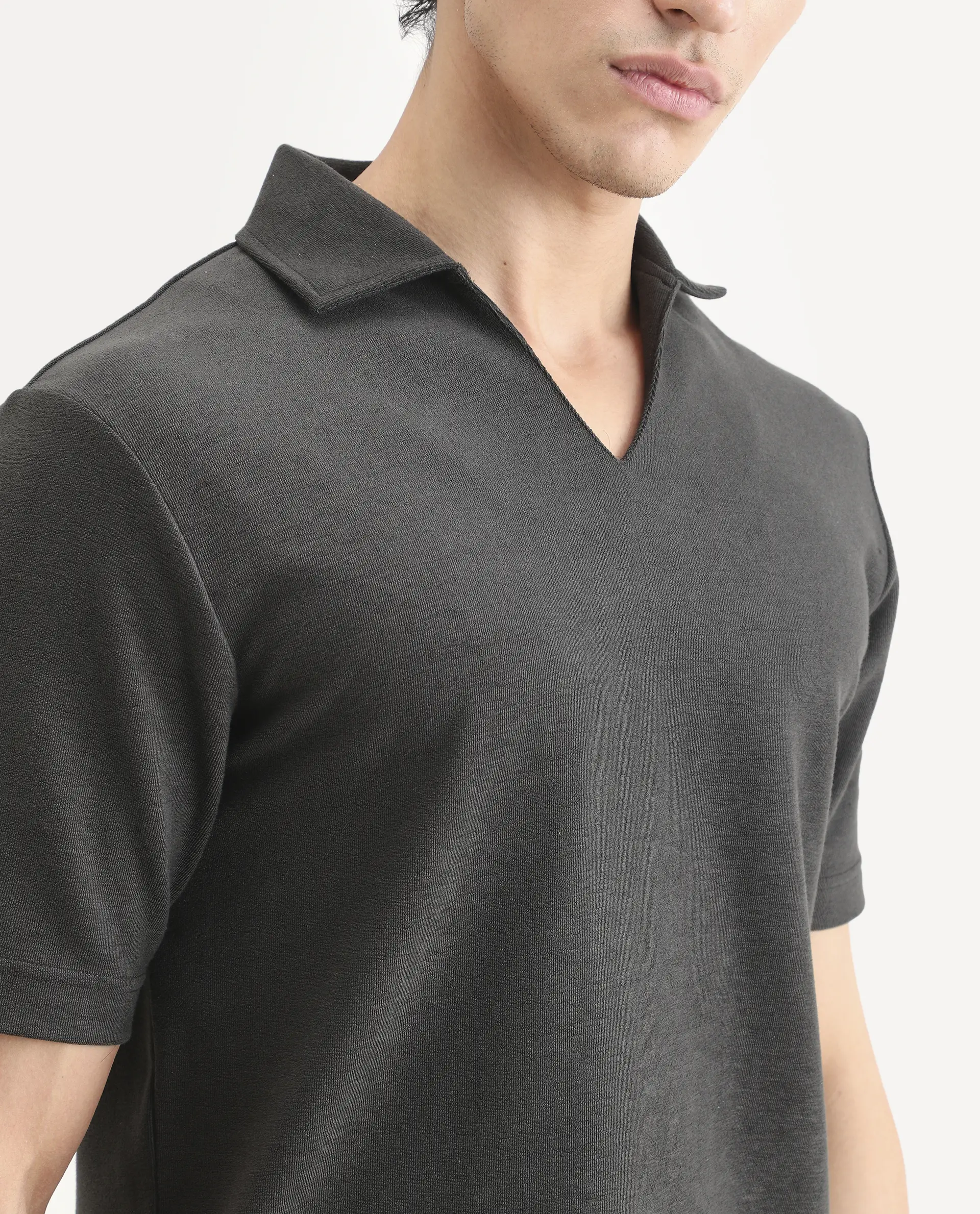 Rare Rabbit Men's Jawal-S26 Dark Grey Cotton Blend Fabric Half Sleeve Jonny Collar Regular Fit Plain Polo - Image 3