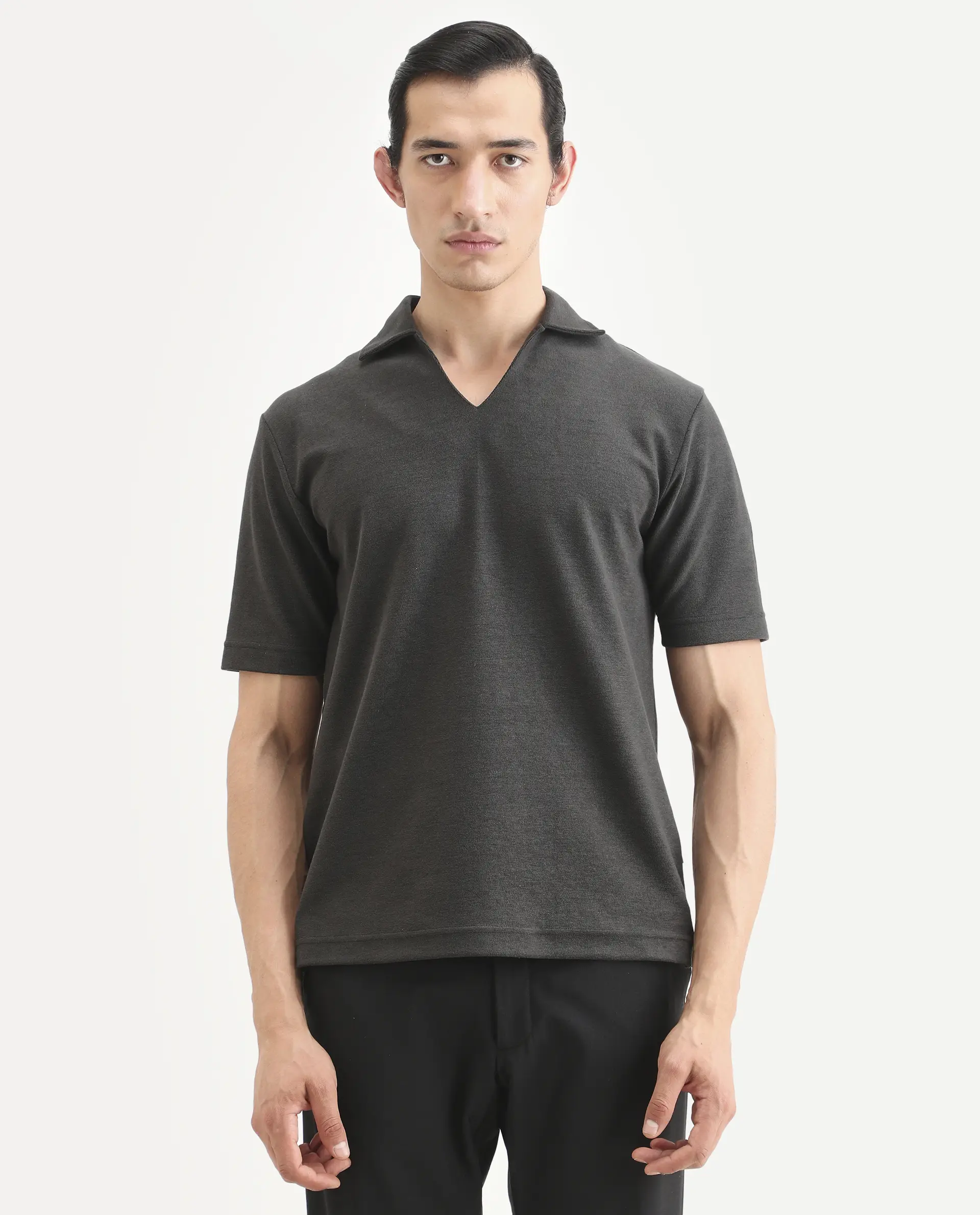 Rare Rabbit Men's Jawal-S26 Dark Grey Cotton Blend Fabric Half Sleeve Jonny Collar Regular Fit Plain Polo - Image 4