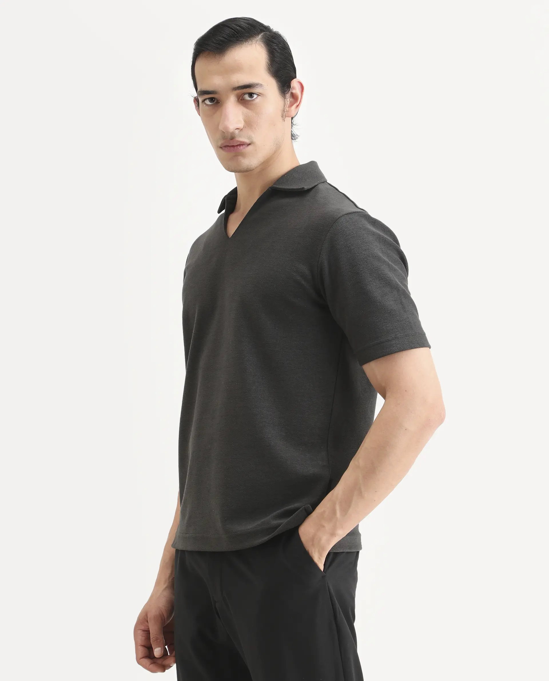 Rare Rabbit Men's Jawal-S26 Dark Grey Cotton Blend Fabric Half Sleeve Jonny Collar Regular Fit Plain Polo - Image 5