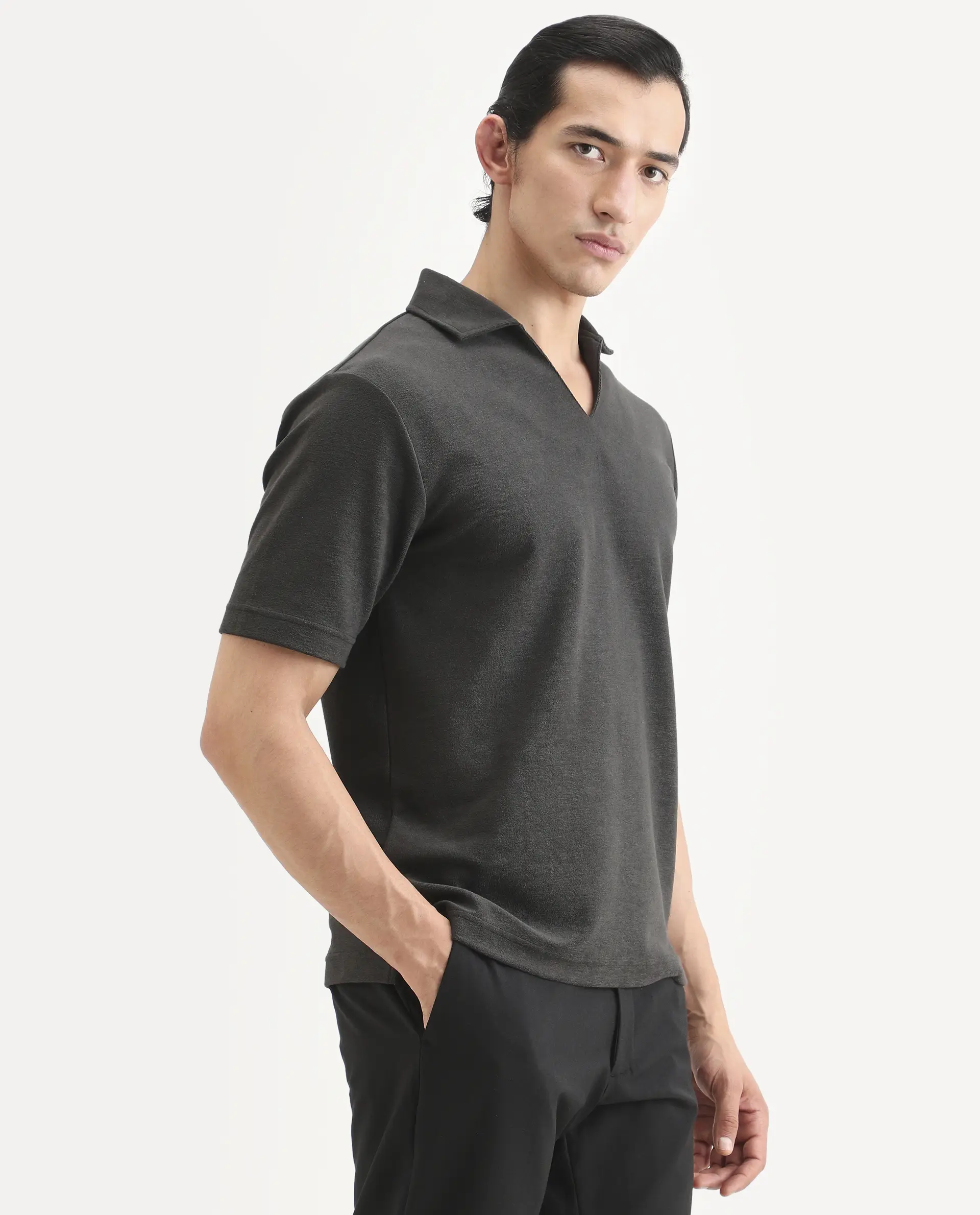 Rare Rabbit Men's Jawal-S26 Dark Grey Cotton Blend Fabric Half Sleeve Jonny Collar Regular Fit Plain Polo - Image 6