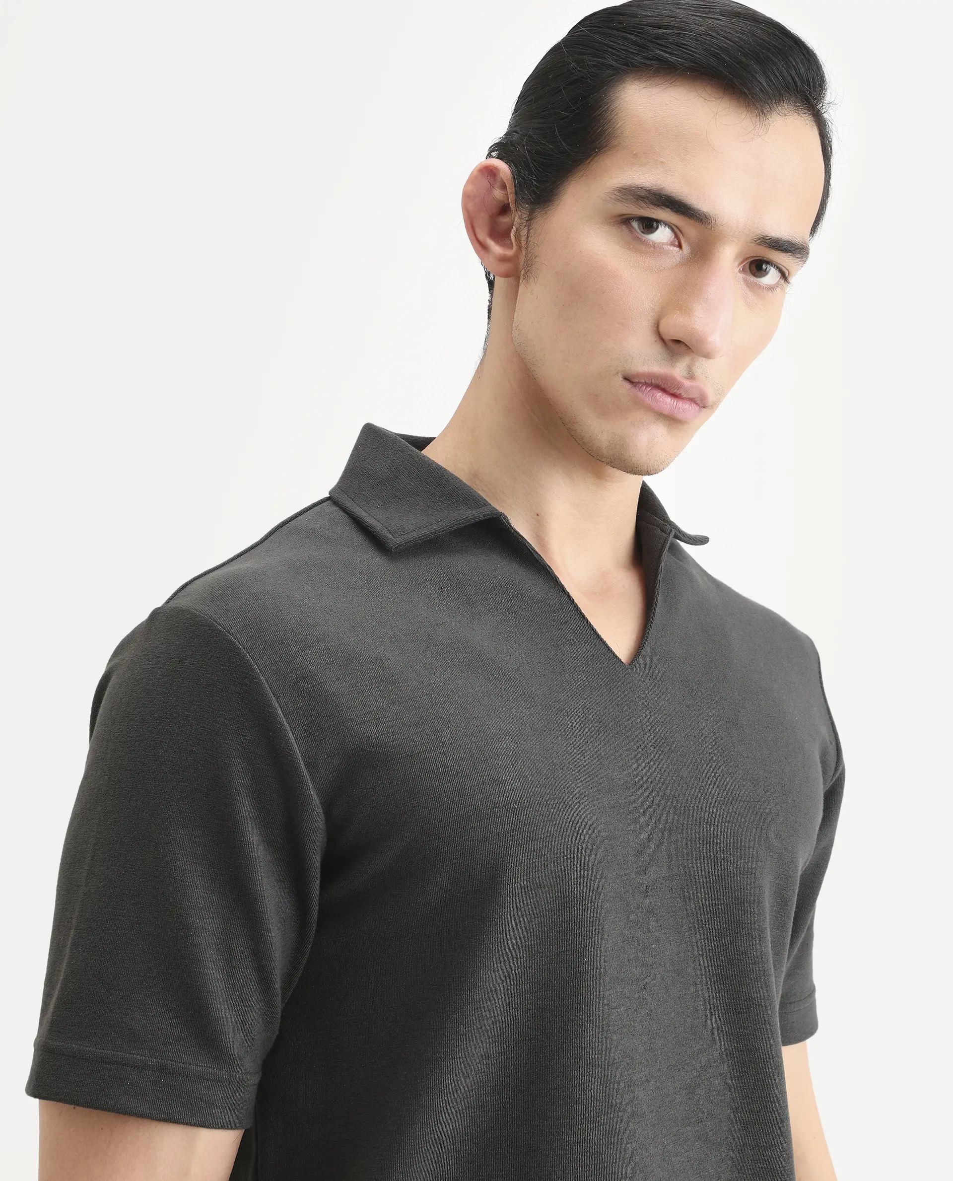 Rare Rabbit Men's Jawal-S26 Dark Grey Cotton Blend Fabric Half Sleeve Jonny Collar Regular Fit Plain Polo - Image 7