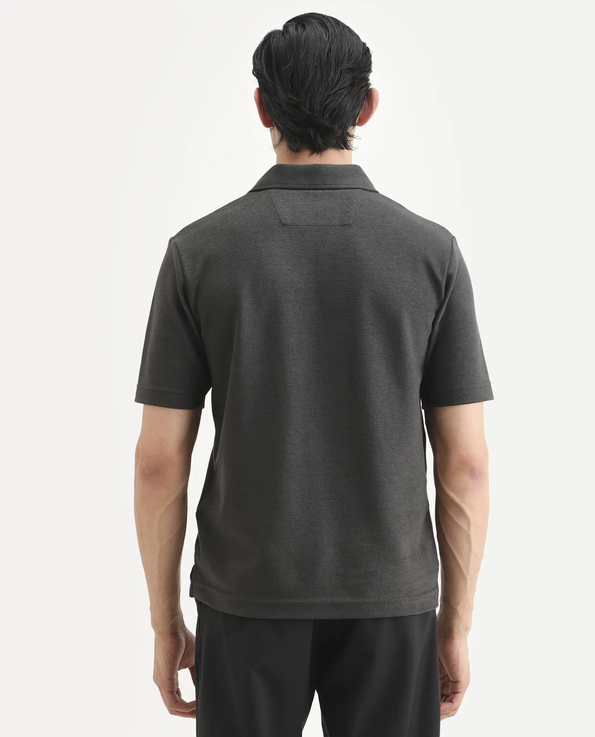 Rare Rabbit Men's Jawal-S26 Dark Grey Cotton Blend Fabric Half Sleeve Jonny Collar Regular Fit Plain Polo - Image 8