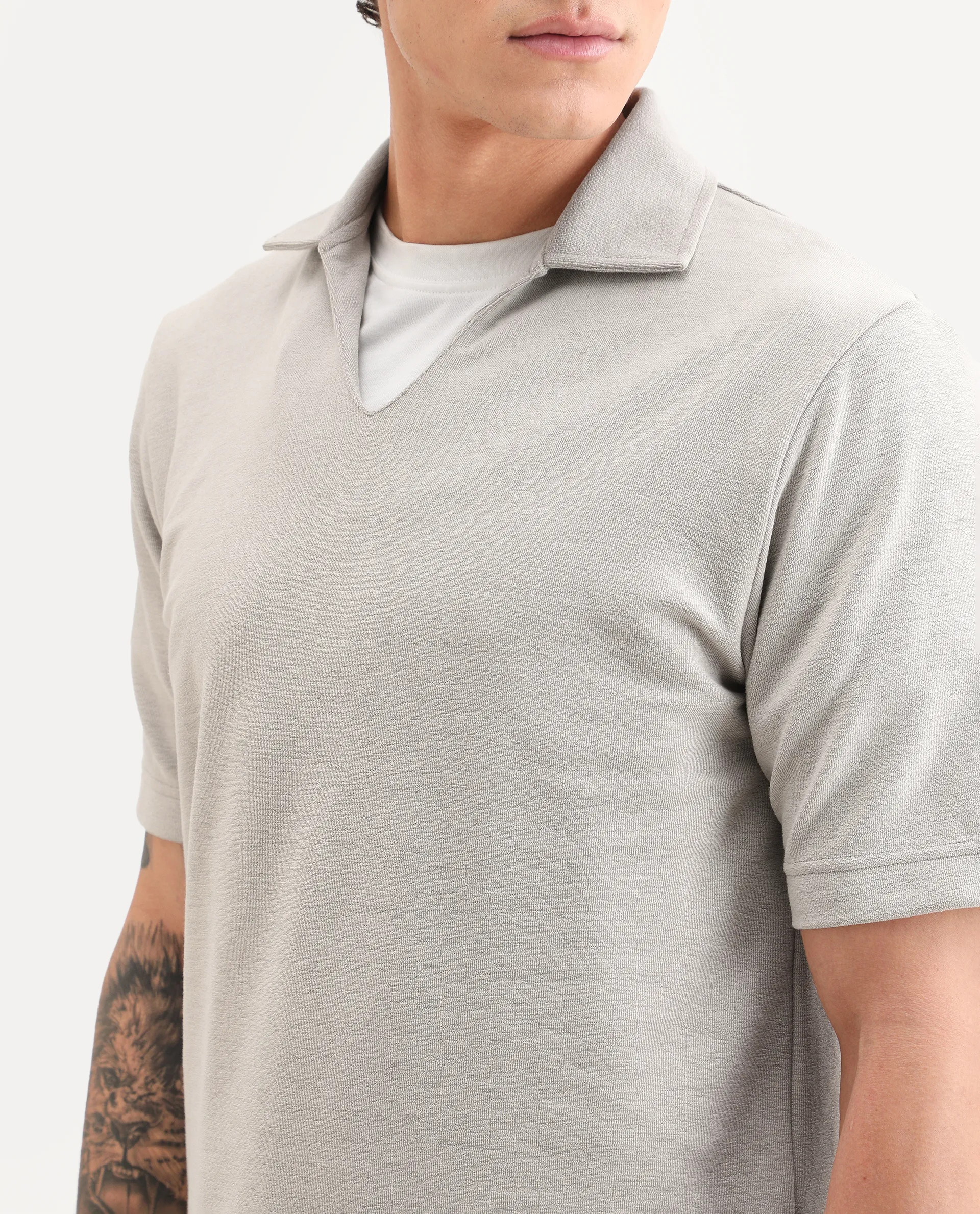 Rare Rabbit Men's Jawal-S26 Light Beige Cotton Blend Fabric Half Sleeve Jonny Collar Regular Fit Plain Polo - Image 3