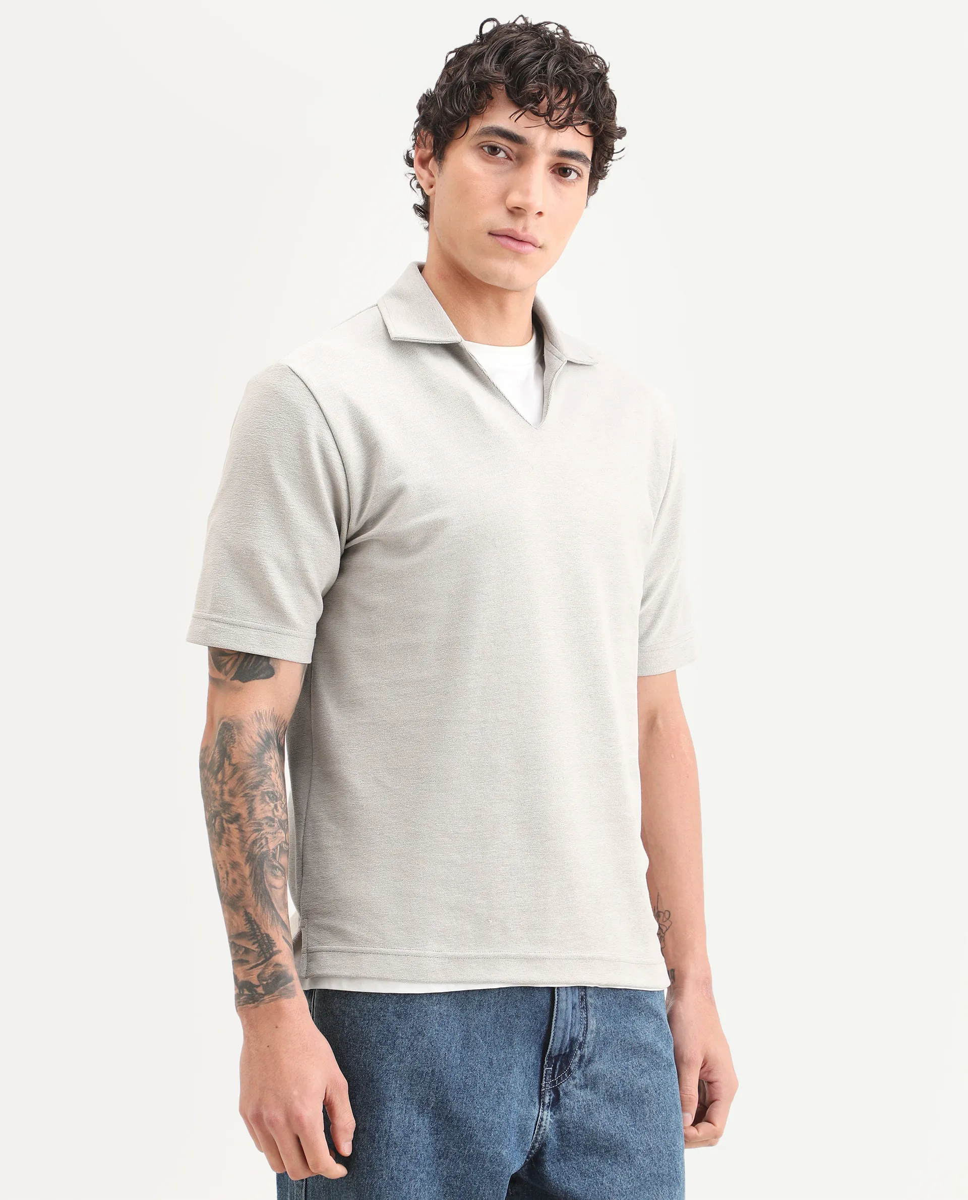 Rare Rabbit Men's Jawal-S26 Light Beige Cotton Blend Fabric Half Sleeve Jonny Collar Regular Fit Plain Polo - Image 4