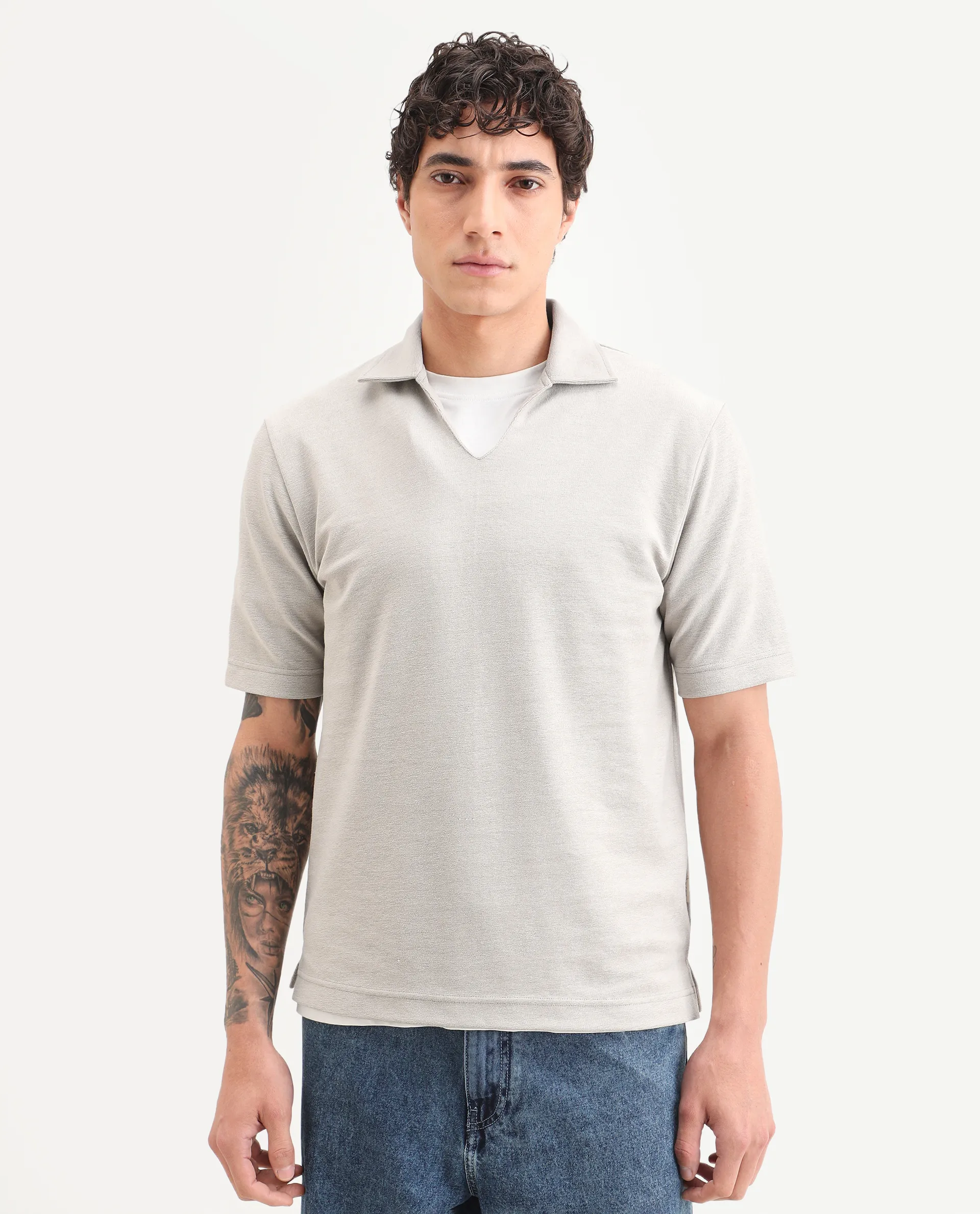 Rare Rabbit Men's Jawal-S26 Light Beige Cotton Blend Fabric Half Sleeve Jonny Collar Regular Fit Plain Polo - Image 5